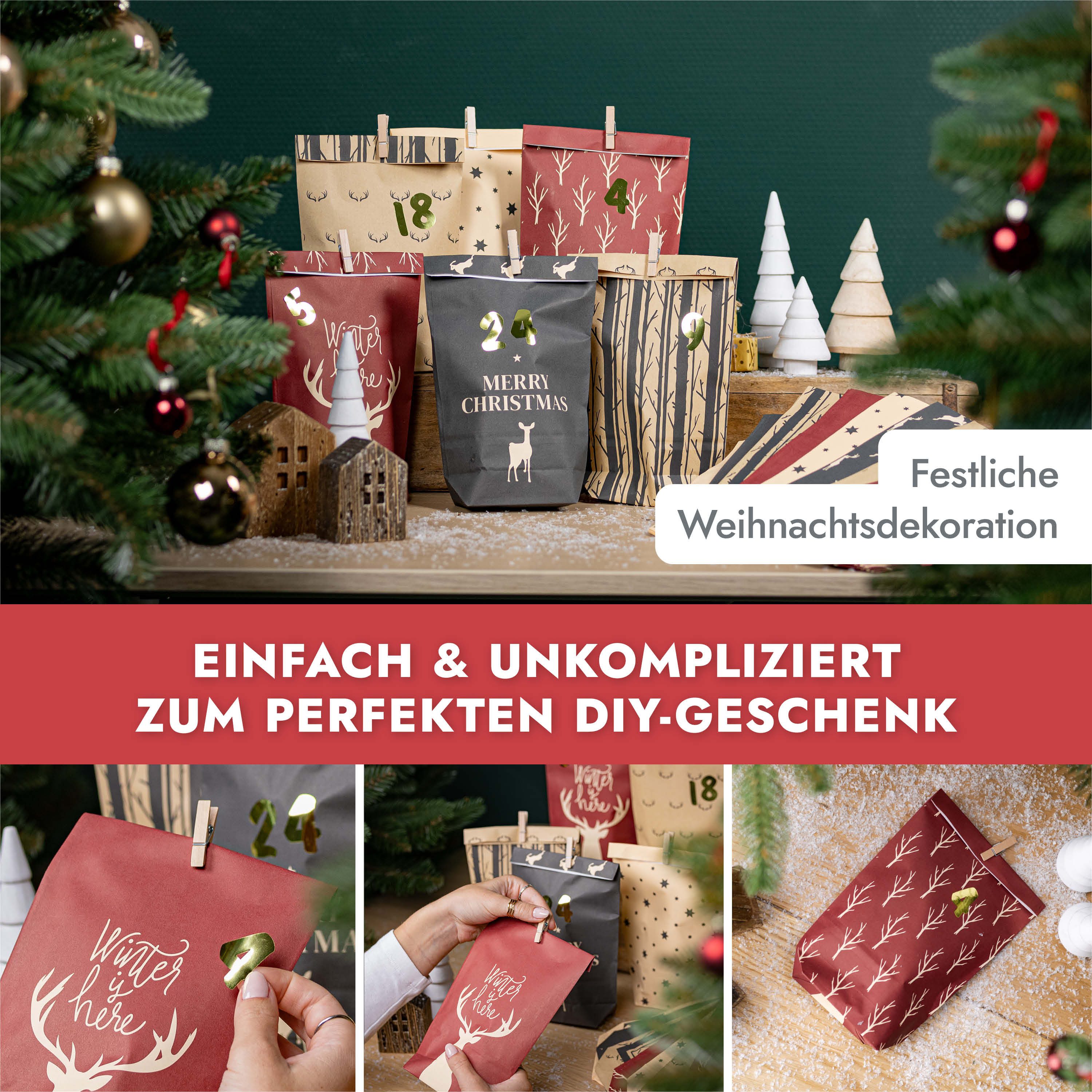 Amari befüllbarer Adventskalender Adventskalender zum Befüllen 2026, 24 Papiertüten 14×22 cm mit Zahlen (DIY Set, 72-tlg), Designs für Kinder & Erwachsene, wied – Bild 5 von 5
