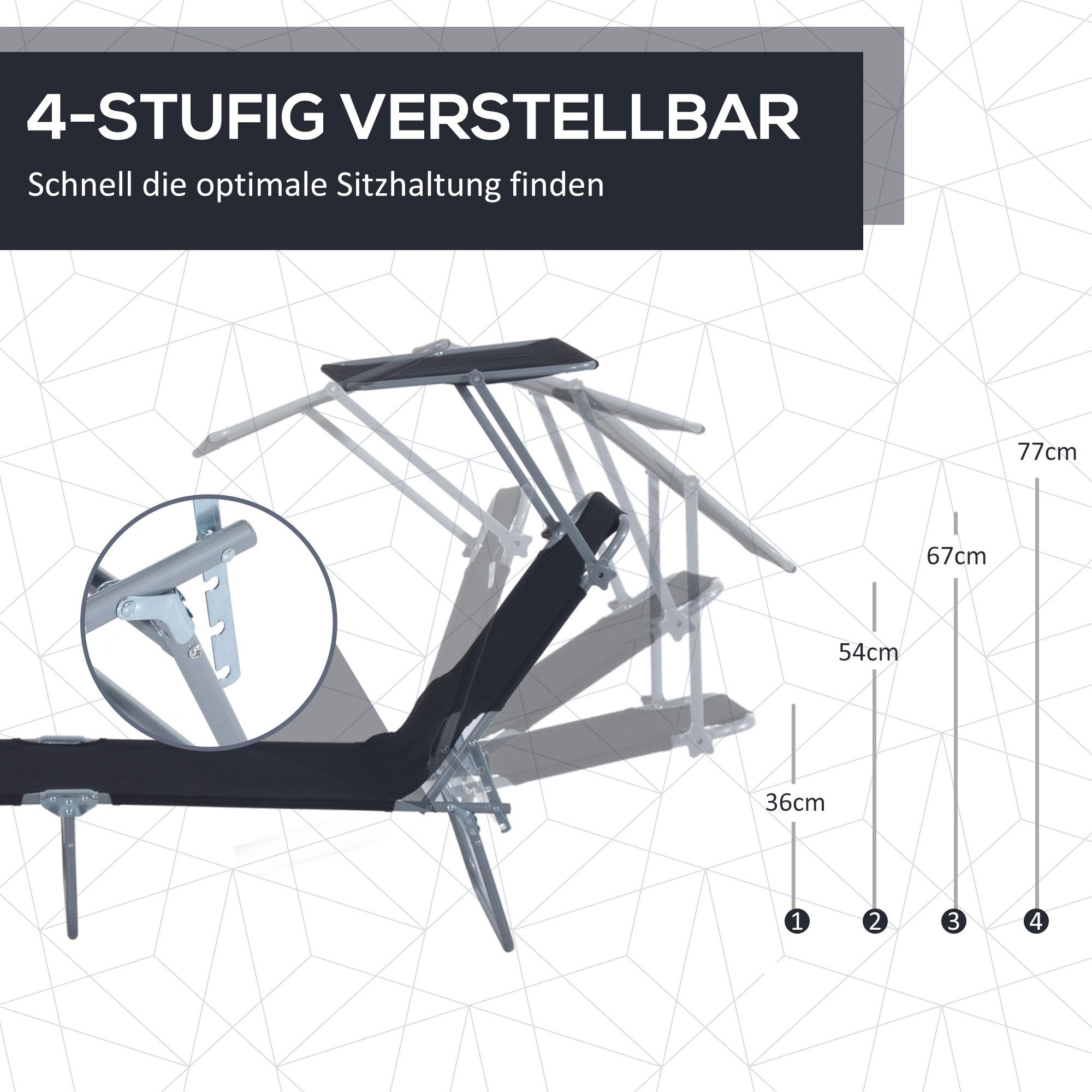 CHICFURN Gartenliege Sonnenliege klappbar mit Dach, 4-fach verstellbare Rückenlehne, Packung, 1 St., Wetterfeste Campingliege, belastbar bis 120 kg, für Strand & Pool, Für Garten, Schwarz