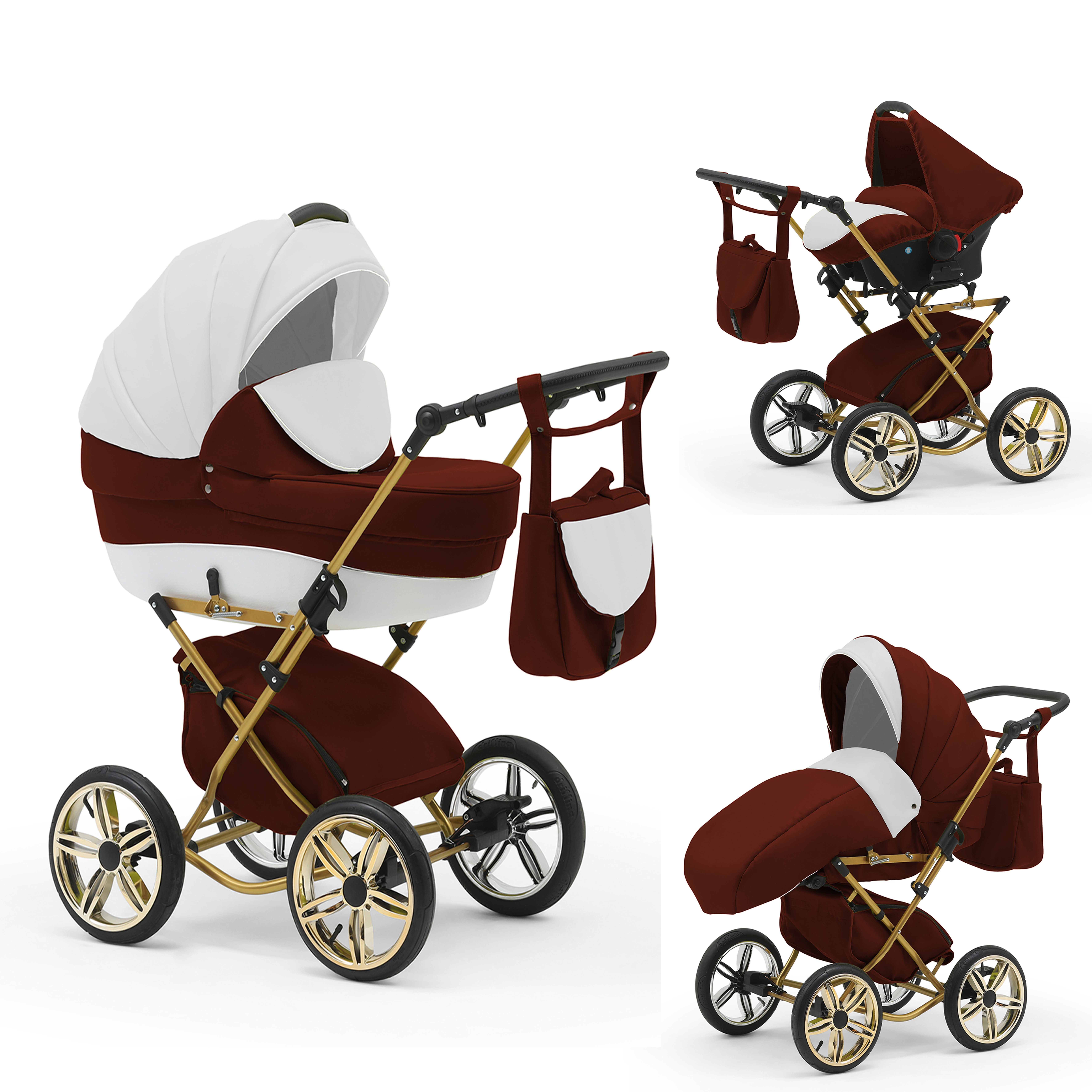 BabyMerc Kombi-Kinderwagen Sorento Gold 4 in 1 mit Sportsitz, Autositz und Zubehör in 30 Farben