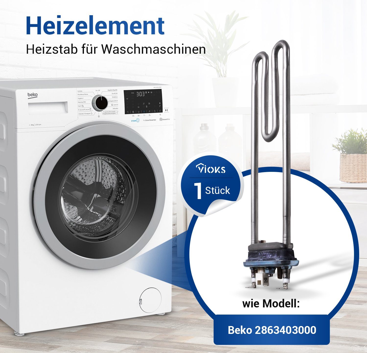 Gummidichtung für randerhöhter für 230V Heizelement Waschmaschine mit VIOKS Beko 1950W Heizstab Ersatz 2863403000,