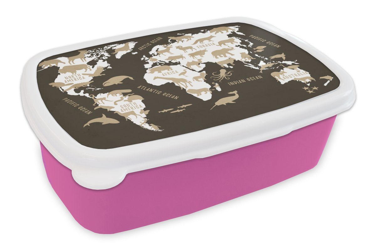 rosa - Lunchbox MuchoWow Tiere für Snackbox, Weltkarte Beige, Brotdose - (2-tlg), Mädchen, Erwachsene, Brotbox Kinder, Kunststoff, Kunststoff
