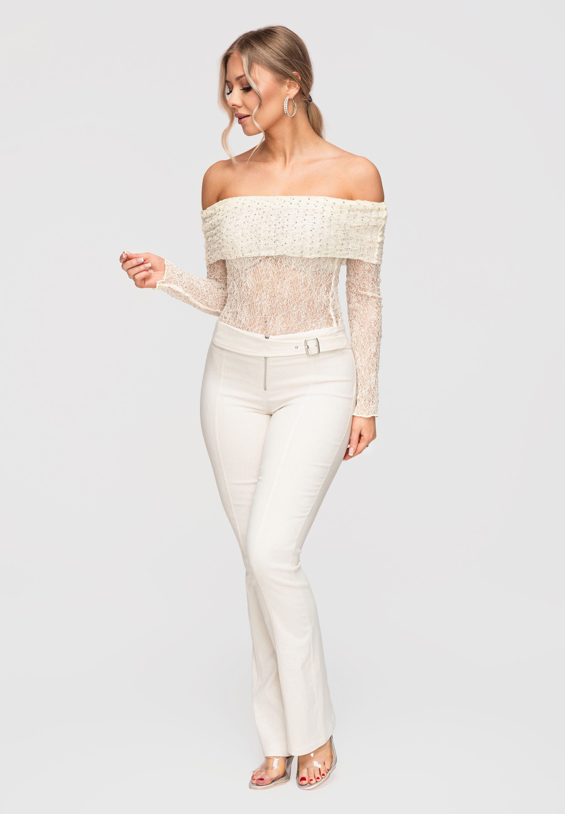 OMBRE Carmenbluse Damen Carmenbluse Spitze Elegant Ecru S/M (kein Set, 1-tlg) Ajour-Muster, transparente Ärmel