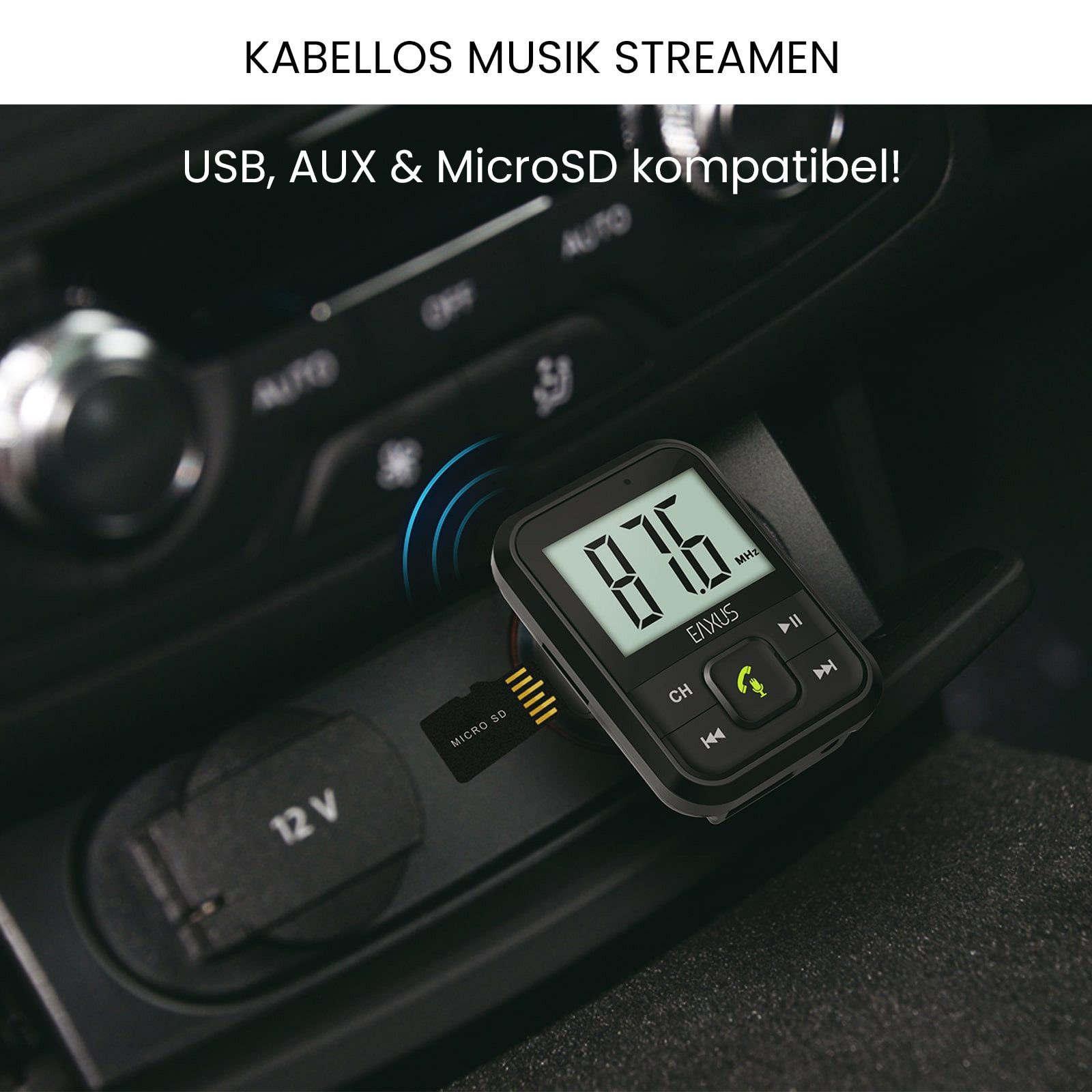 EAXUS Bluetooth FM-Transmitter für Wiedergabe Smartphone -> Autoradio, KFZ-Transmitter Bluetooth, USB-Sticks, 3,5-mm-Klinke, microSD, Mit Freisprechfunktion und – Bild 5 von 5