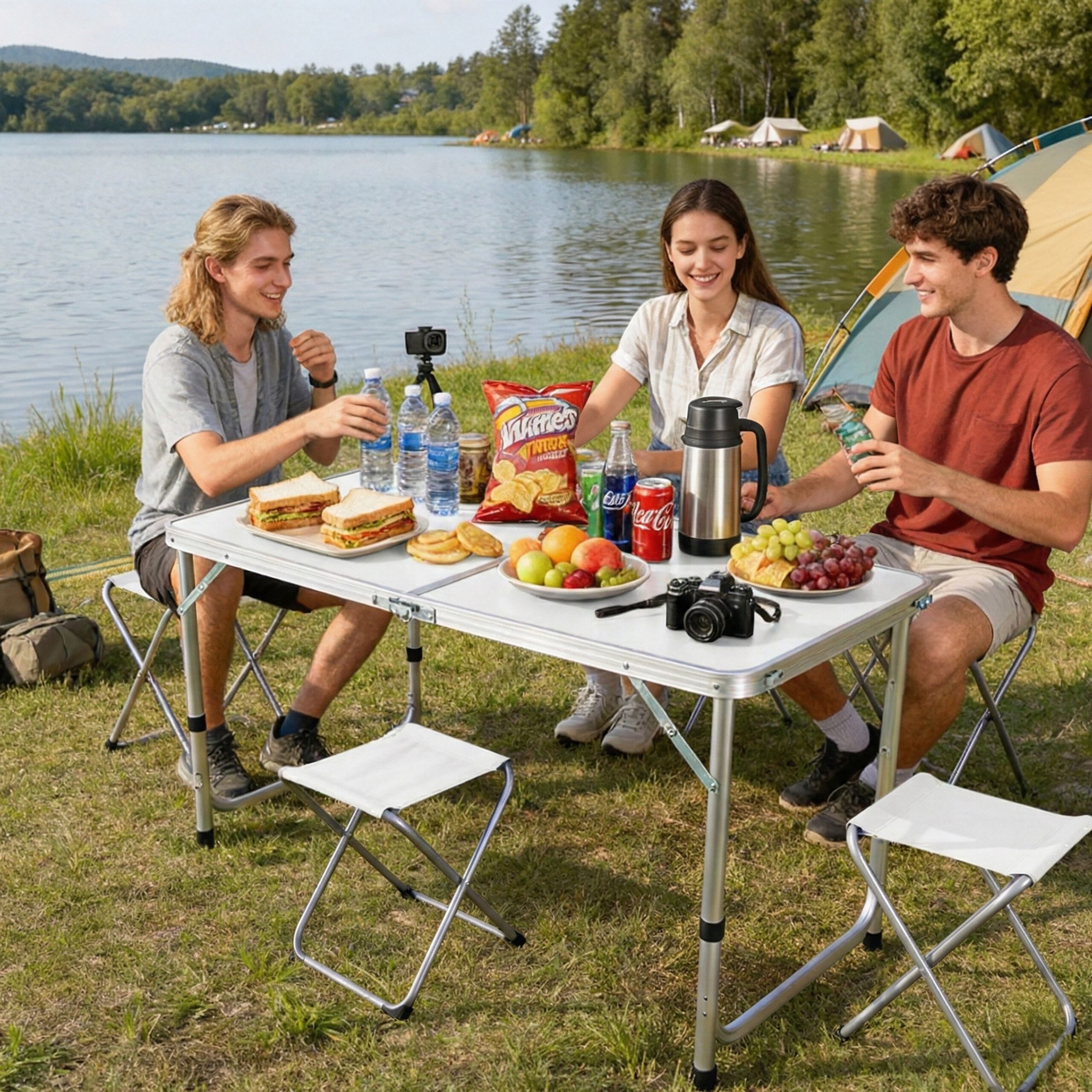 relaxdays Campingtisch mit 4 Hock, weiß