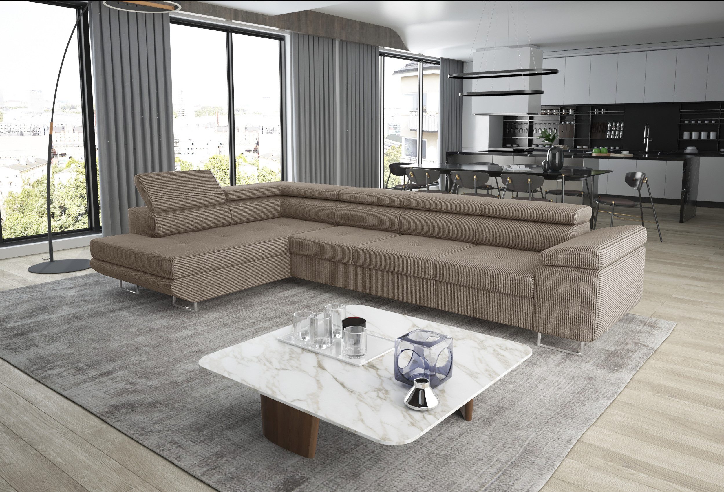 thematys Ecksofa ASTON LONG 355 x 204cm mit Schlaffunktion & Bettkasten – L-Sofa, mit Kopfstützen, Cord (Poso) oder Samt (Monolith), - XXL Wohnlandschaft im modernen Design