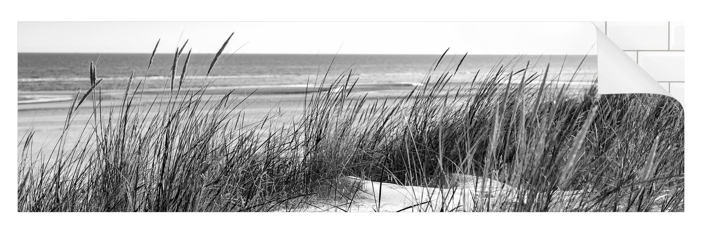 Bilderdepot24 Badrückwand schwarz weiss fugenlose Wandverkleidung Bad mit Motiv, (Hartfolie matt » Selbstklebend SMART 0,35 mm), wasserfestes Wandpaneel Stranddüne Meer
