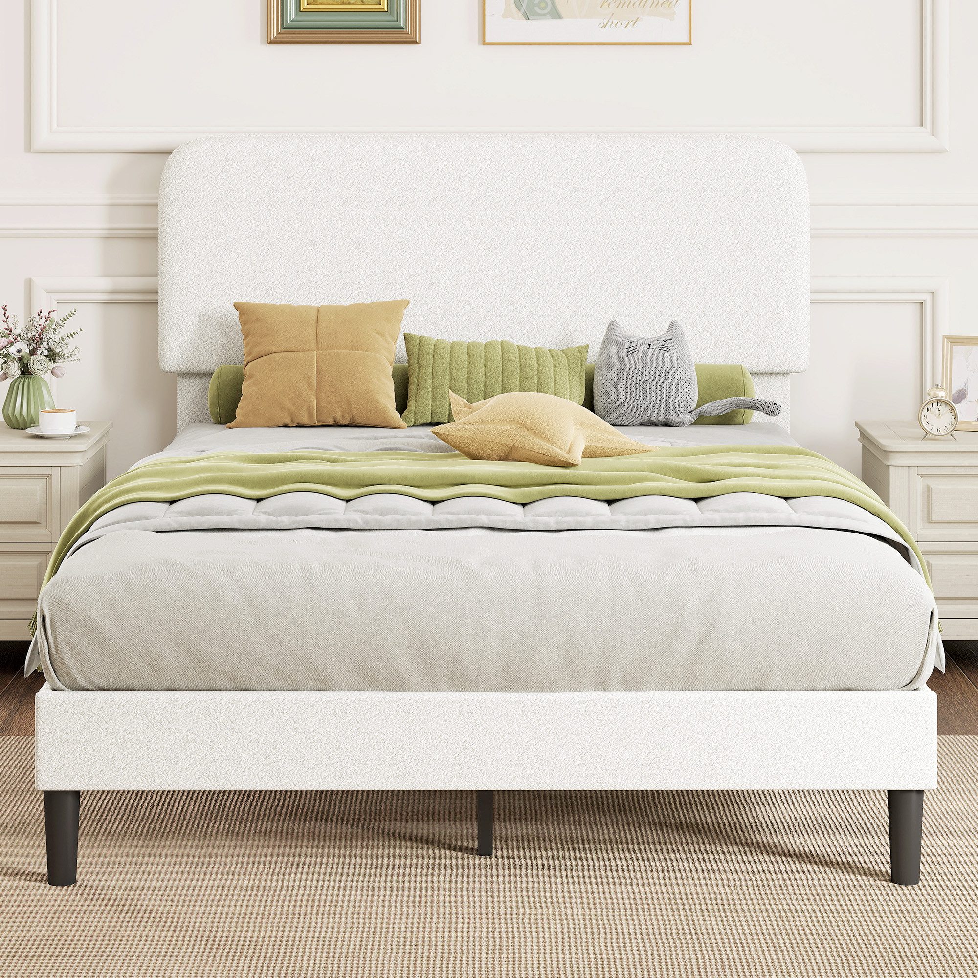 HOMCOM Bettgestell mit verstellbarem gepolstertem Teddy-Fleece-Kopfteil (Doppelbett, 1-tlg., Modern Metallbett), 300 kg Traglast, einfache Montage, Weiß