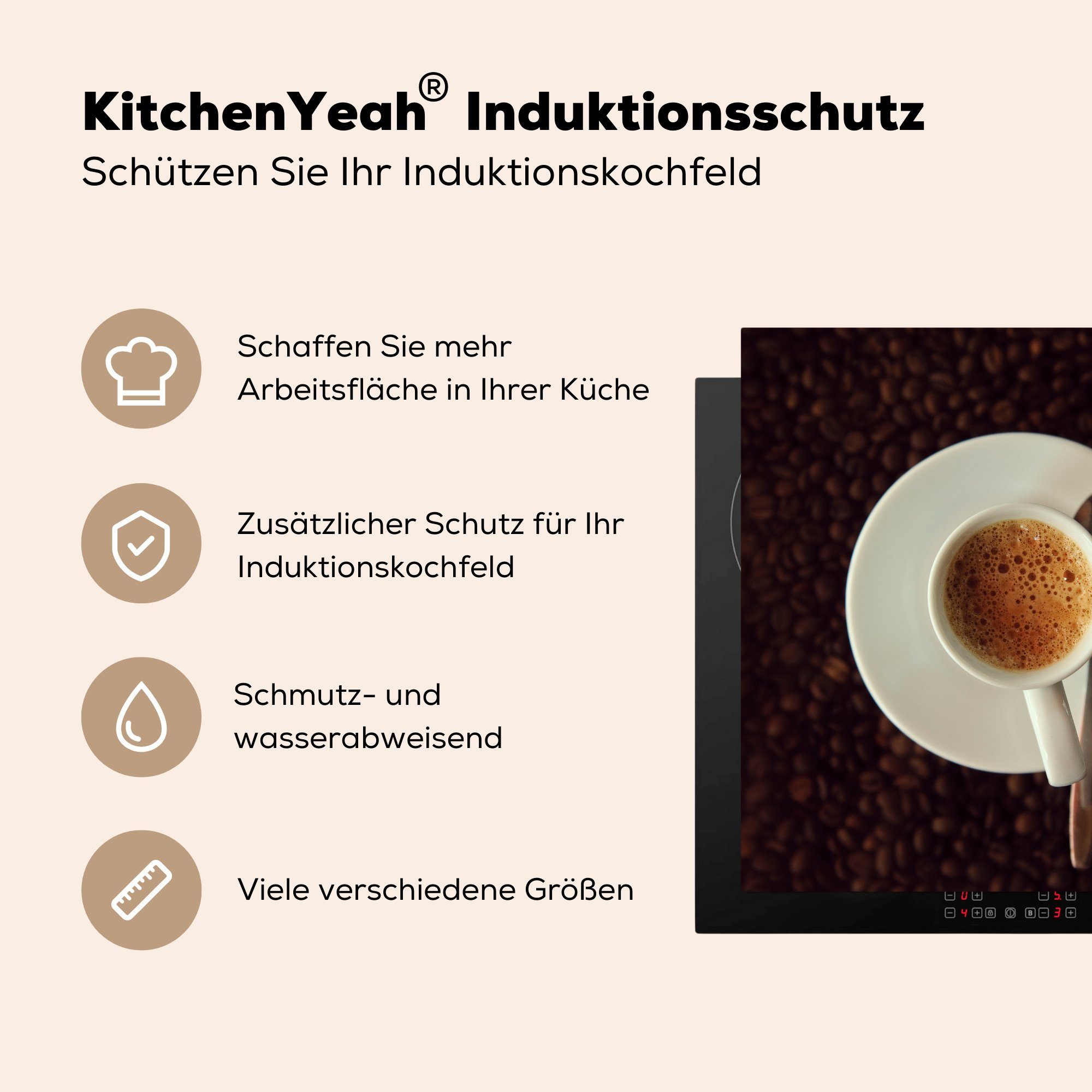 MuchoWow Herdblende-/Abdeckplatte tlg), für Kaffeebohnen, Vinyl, Espresso küche 78x78 cm, Tasse (1 Ceranfeldabdeckung, auf Arbeitsplatte