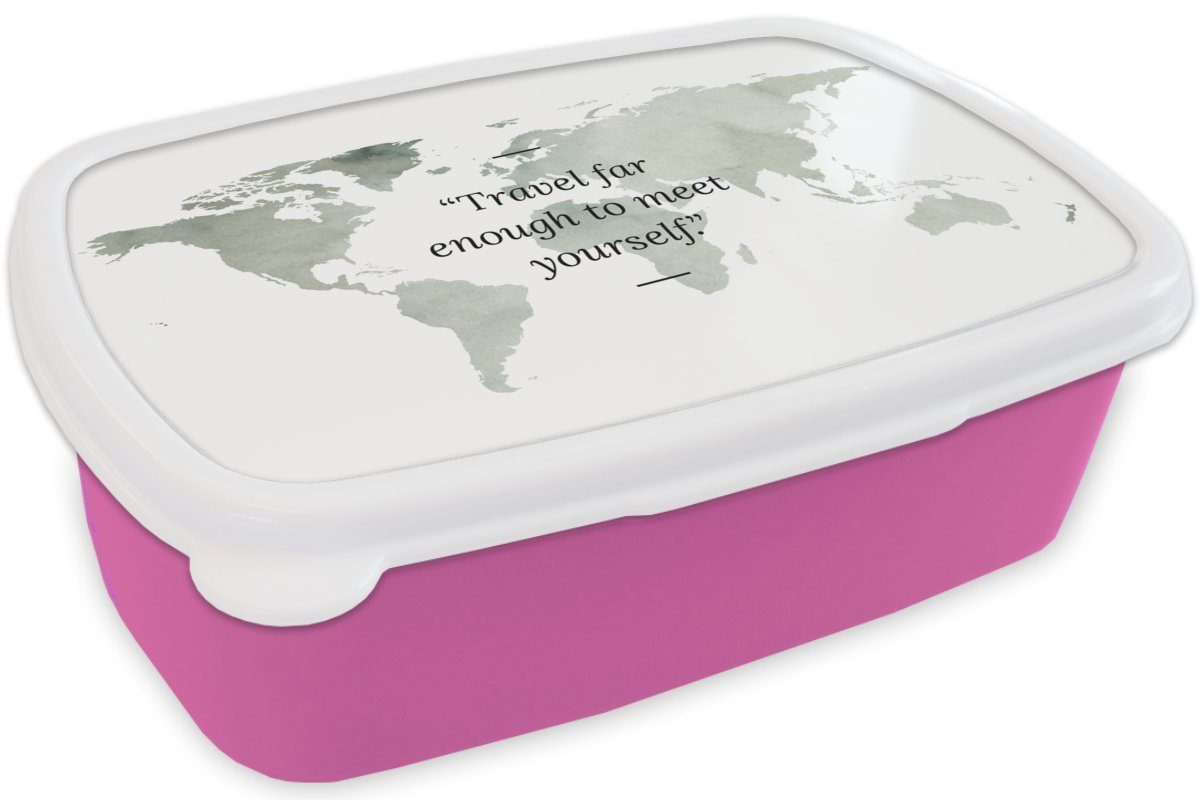 (2-tlg), Kinder, MuchoWow Brotbox Weltkarte - - rosa Lunchbox Zitate, Mädchen, Aquarell Brotdose Erwachsene, Kunststoff, Snackbox, Kunststoff für