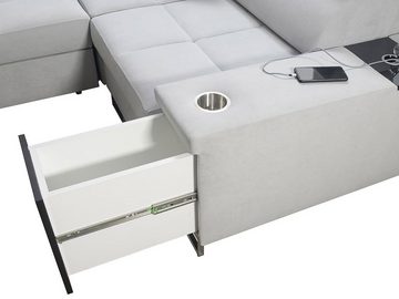 MIRJAN24 Wohnlandschaft Morena IV Maxi, mit zwei Bettkästen und Schlaffunktion, Einstellbare Kopfstützen, USB-Anschluss, Barfach, Lampe, Steckdose