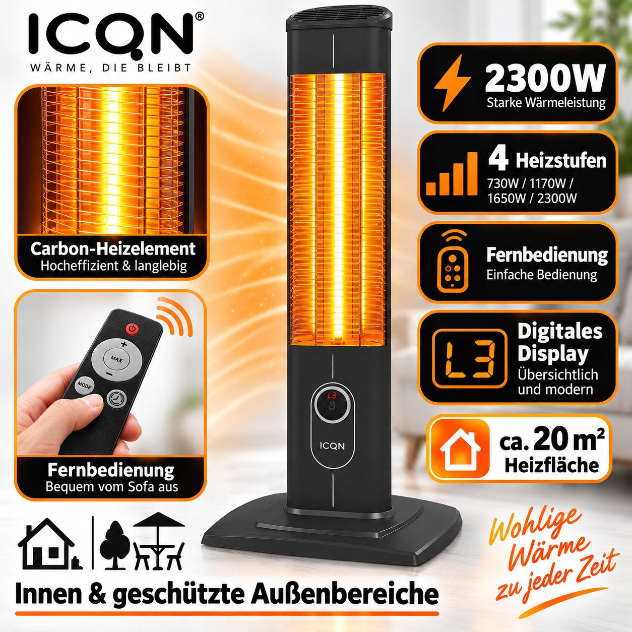 ICQN Heizstrahler IC2300.R-KABEL, Stand Heizstrahler mit Wasserdicht Schutzhülle, 2300 W, mit Fernbedienung, Kohlenstoff Infrarotstrahler, Innen- & Außenbereich