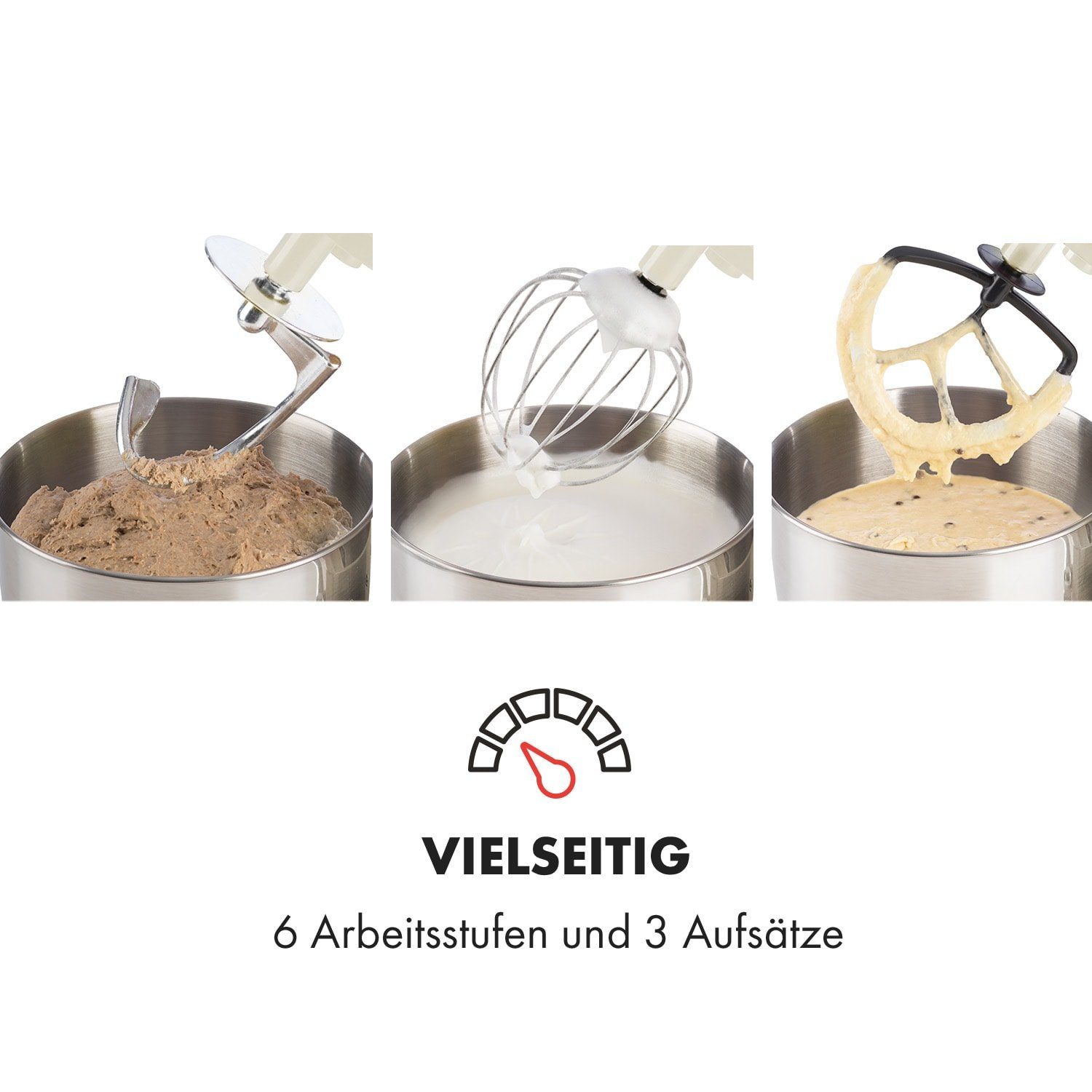 Klarstein Crème Teigknetmaschine Morena, Kochfunktion 2000 Fleischwolf mit Küchenmaschine Schüssel, Teigmaschine Knetmaschine Lucia 5.2 Rührmaschine l W,