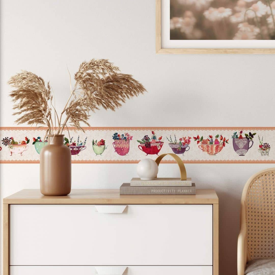 K&L Wall Art Wandtattoo Bordüre Leffler Esszimmer Tassen Blumen Küche floral Dream Cups, Akzentleiste selbstklebend, entfernbar