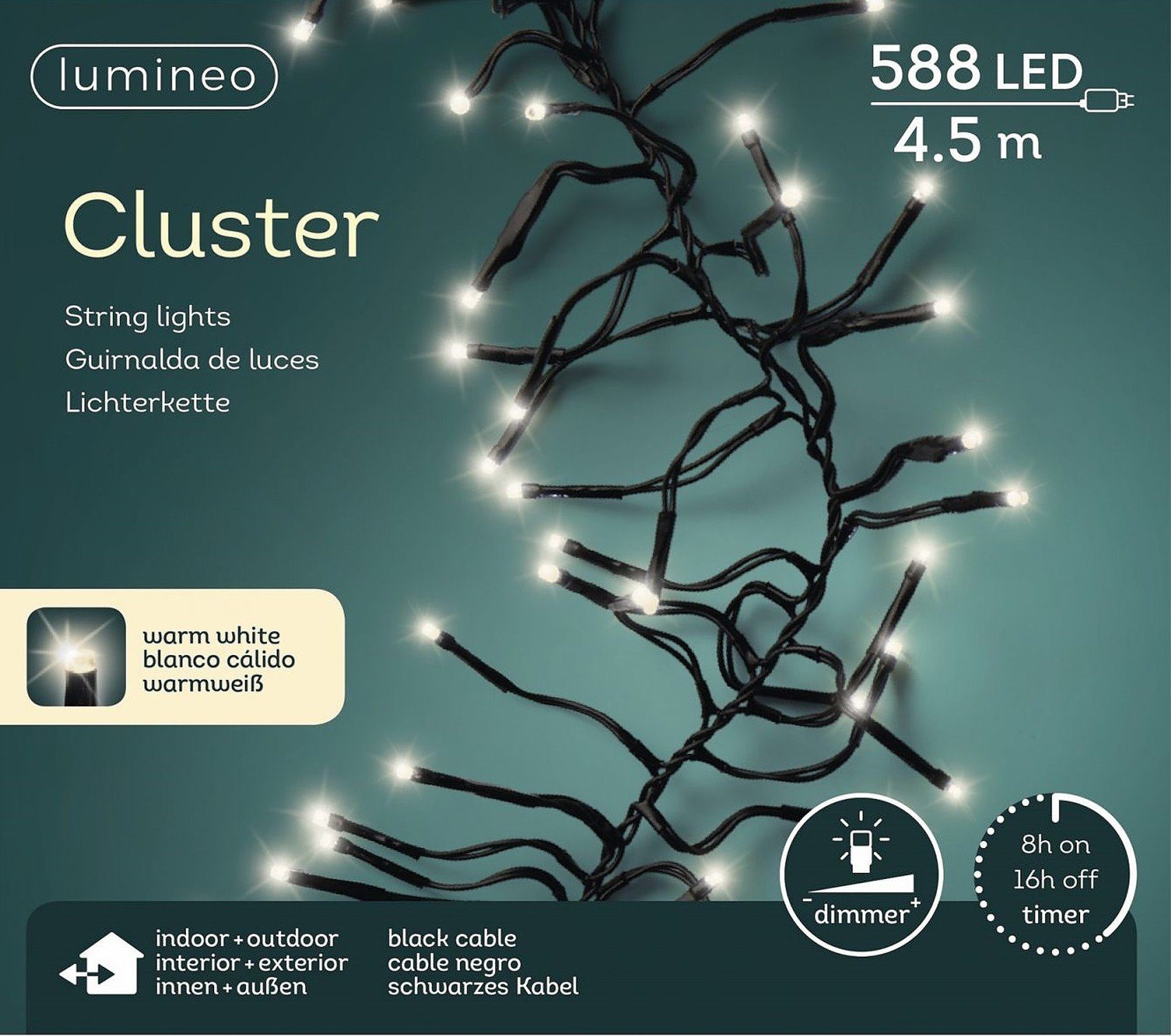 Cluster Outdoor LED-Lichterkette 4,5 Lichterkette warm Indoor, Timer, Kabel, m weiß, schwarzes 588 Lumineo LED Dimmbar, Lumineo