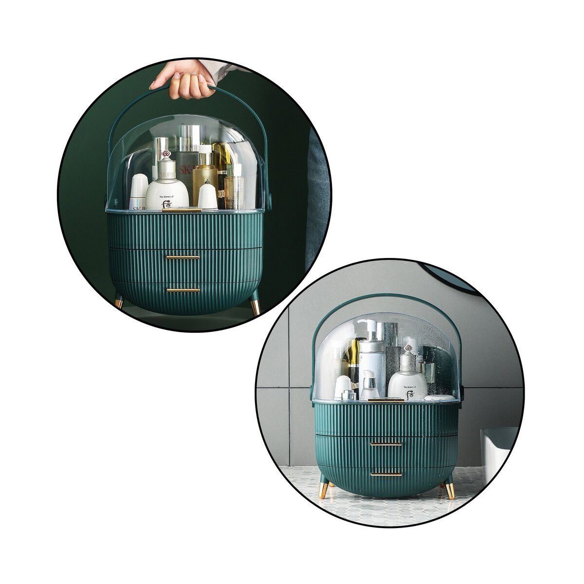 Wisam Kosmetikbox Kosmetik Organizer mit Deckel 2 Schubladen Grün – Bild 3 von 3