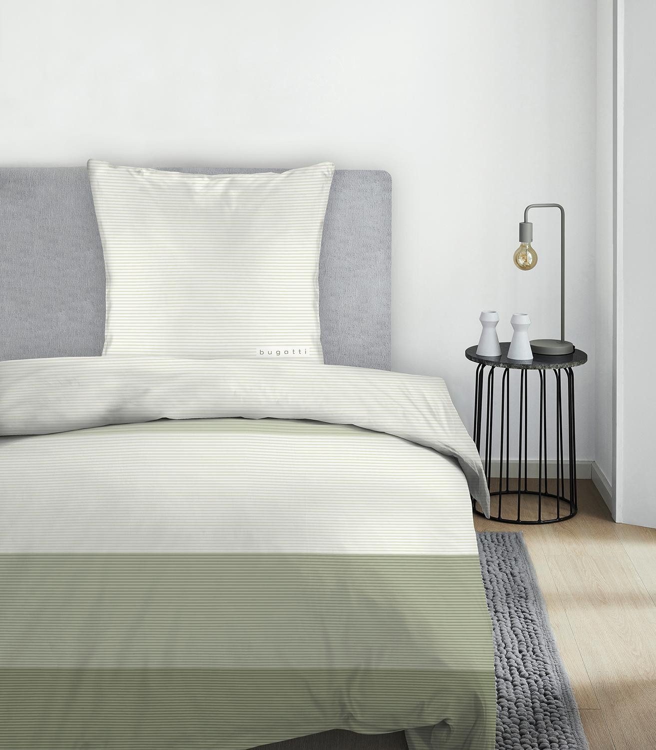 bugatti Bettwäsche LIAH, 135 x 200 cm, Grün, Weiß, gestreift, Baumwolle, 2 teilig, mit Reißverschluss