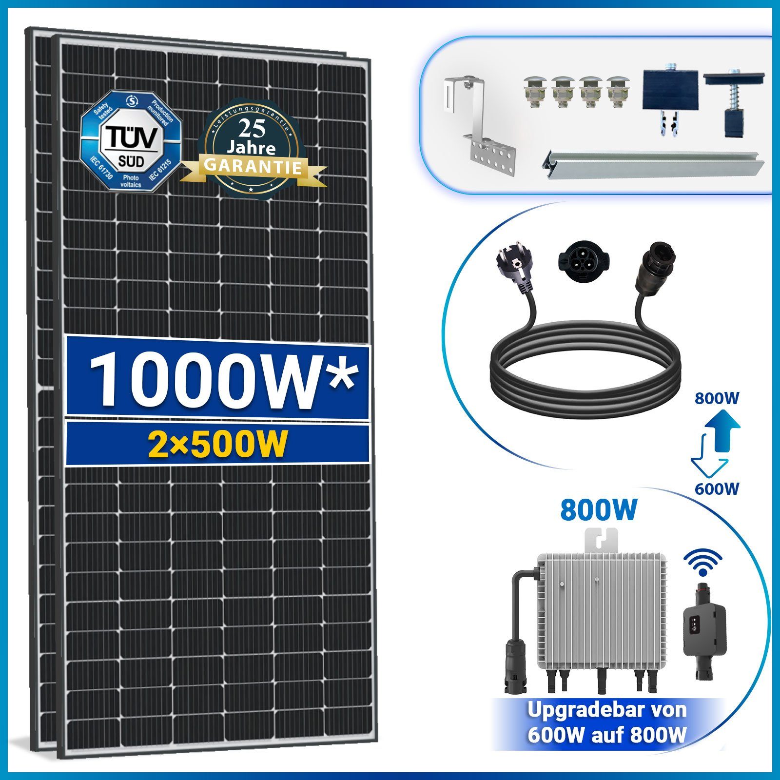 10M Wechselrichter Komplettset SOLAR-HOOK inkl. 500W Deye 800W etm Balkonkraftwerk Solaranlage Neu Generation Schuckostecker mit Ziegeldach und 1000W PV-Montage, Relais WIFI Solarmodule,