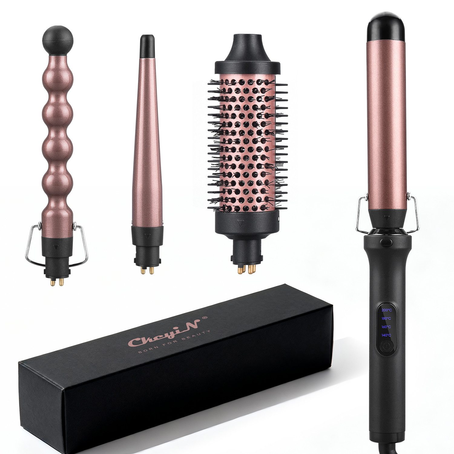 CkeyiN Lockenstab 4-in-1 Lockenstab Set Multistyler mit 32mm,25mm Perlen-Lockenaufsatz, Turmalin-Keramik-Beschichtung, mit 13‑25mm konischer Lockenaufsatz, 38mm Rundbürsten‑Stylingaufsatz