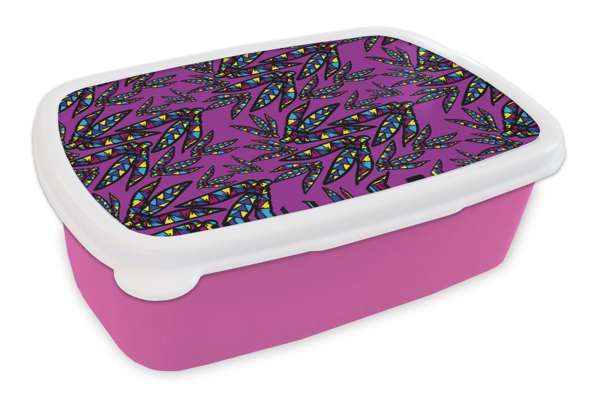 MuchoWow Lunchbox Federn - Muster - Federn - Lila, Kunststoff, (2-tlg), Brotbox für Erwachsene, Brotdose Kinder, Snackbox, Mädchen, Kunststoff rosa | Lunchboxen
