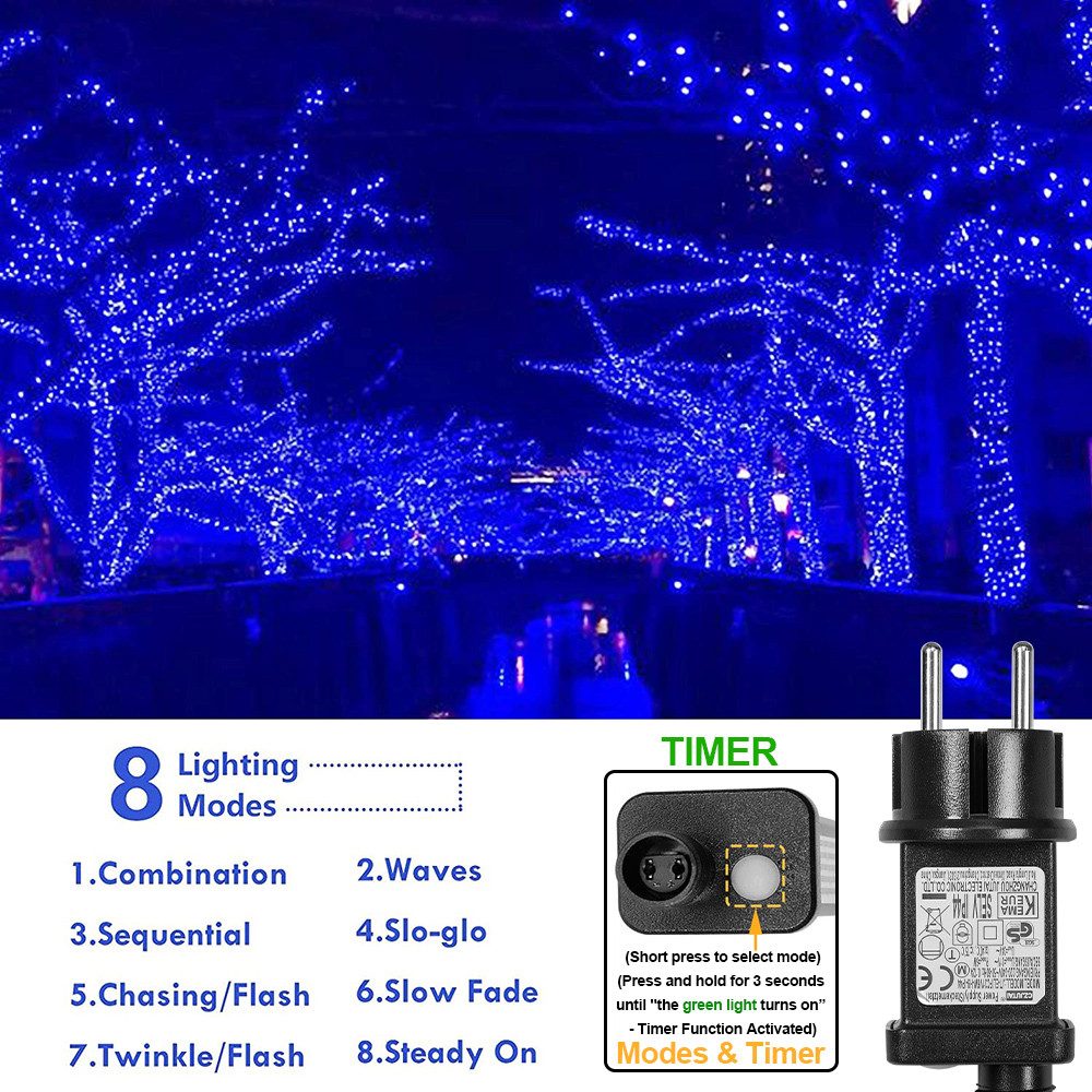 Rosnek Lichterkette 20M/30M/50M/100M 31V DC LED-Lichterkette, Timer, Speicherfunktion, 8 Modi für Zuhause Garten Hof Hochzeit Weihnachtsfeier Feiertag