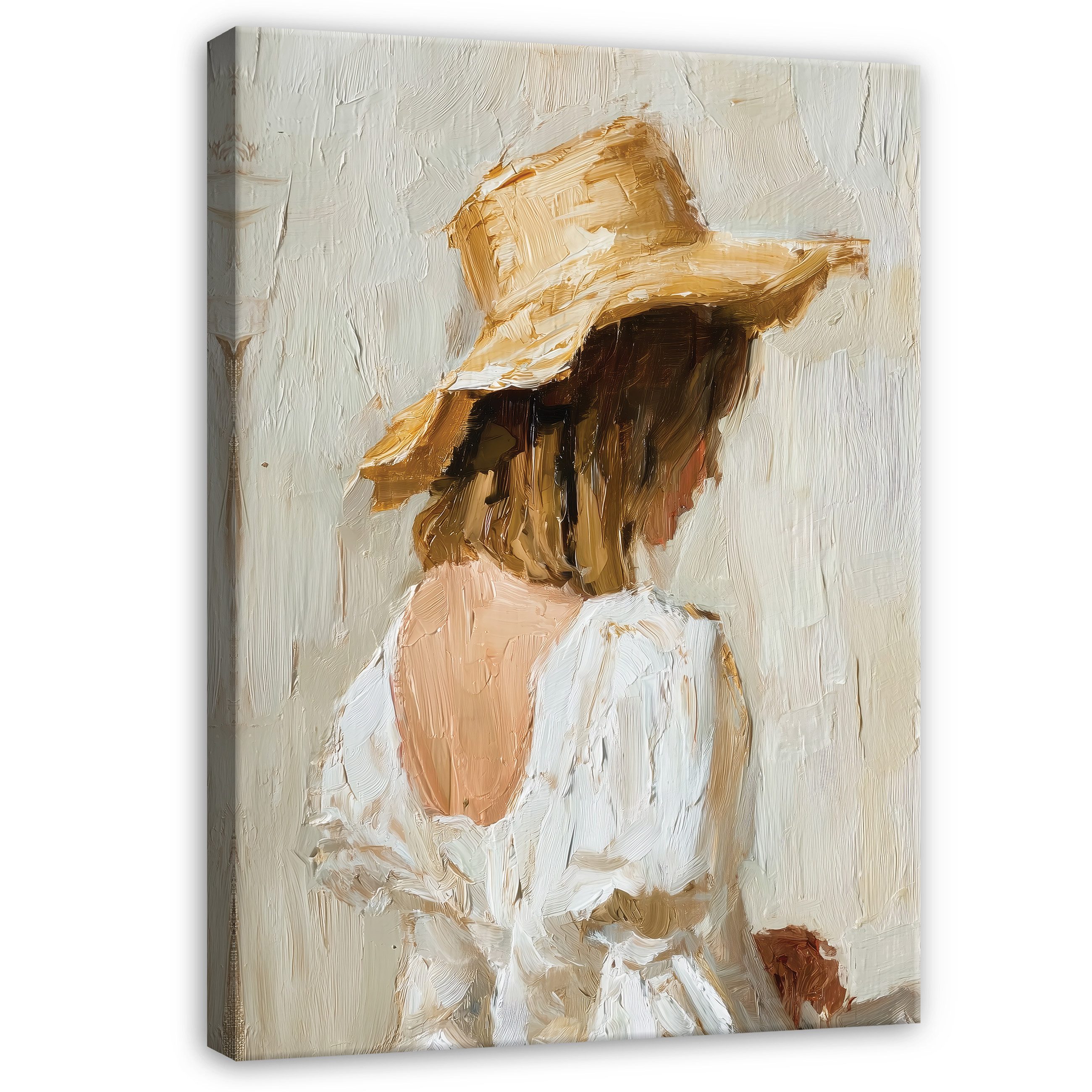 Wallarena Leinwandbild Frau mit Hut Weiß Beige Boho Aquarell Wandbilder Wan günstig online kaufen