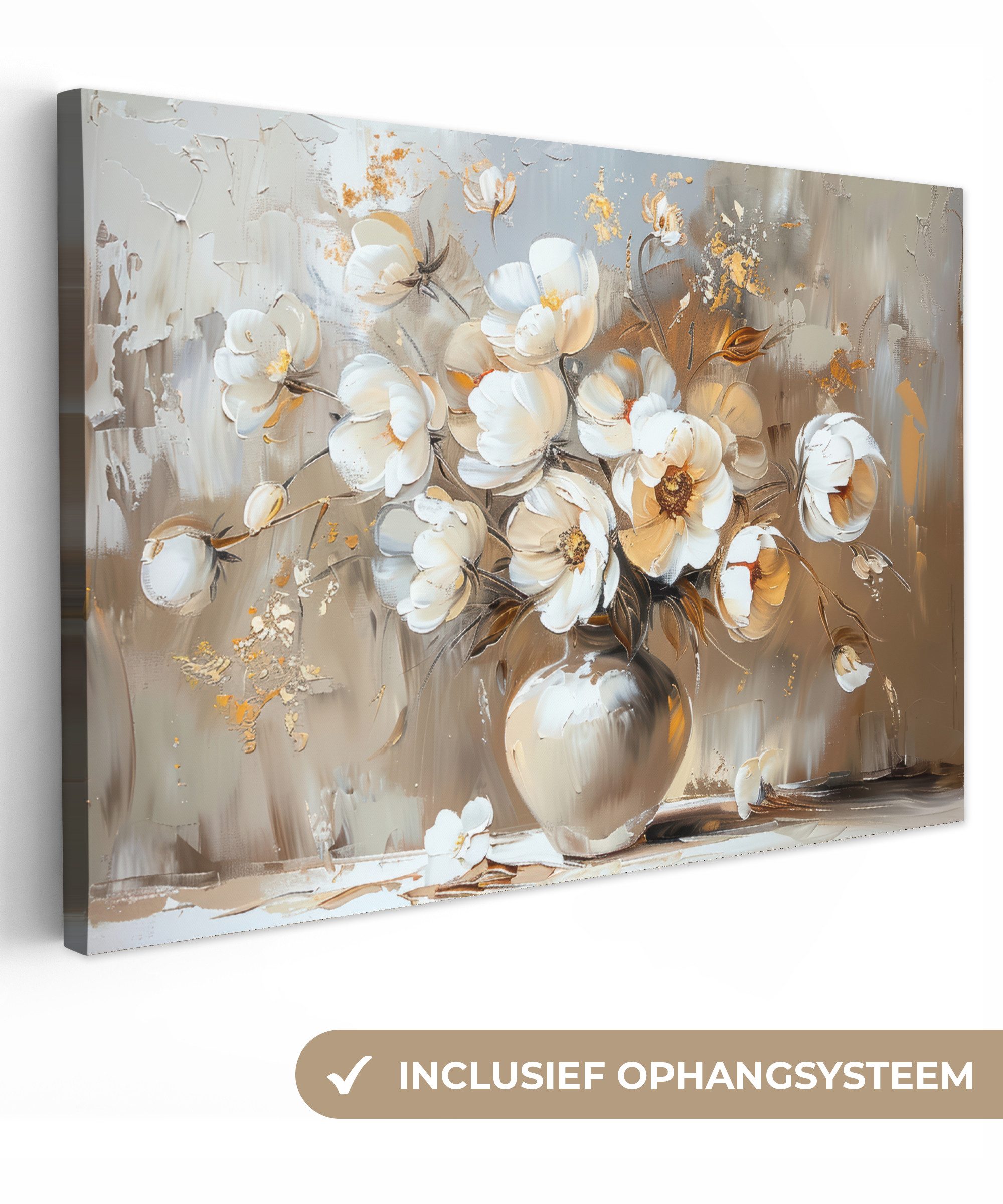 OneMillionCanvasses® Leinwandbild Vase - Blumen - Kunst - Gold, Fotodruck (1 St), Leinwand Bilder Klein, Wand Dekoration Aesthetic 30x20 cm