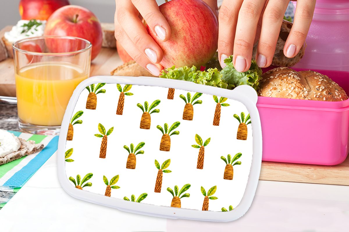 Snackbox, Kunststoff Brotbox MuchoWow für Brotdose Erwachsene, Mädchen, - Palmen rosa Lunchbox Dschungel - Kinder, Kunststoff, (2-tlg), Weiß,