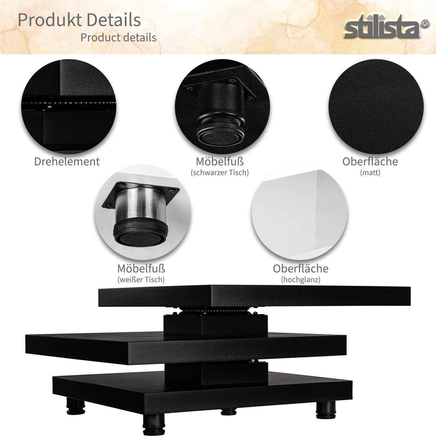 Sofatisch, Couchtisch 360° und STILISTA Schwarz Cube-Design, schwenkbare Größenwahl Tischplatten, Hochglanz Beistelltisch Wohnzimmertisch Farb-