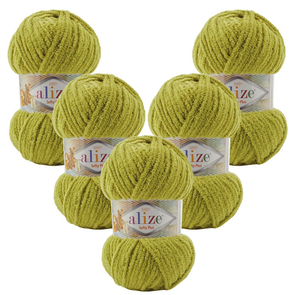 Alize 5 x ALIZE Softy Plus 11 Pistachio green Häkelwolle, 120 m, Chenillegarn,Babywolle,Super Bulky,flauschig
