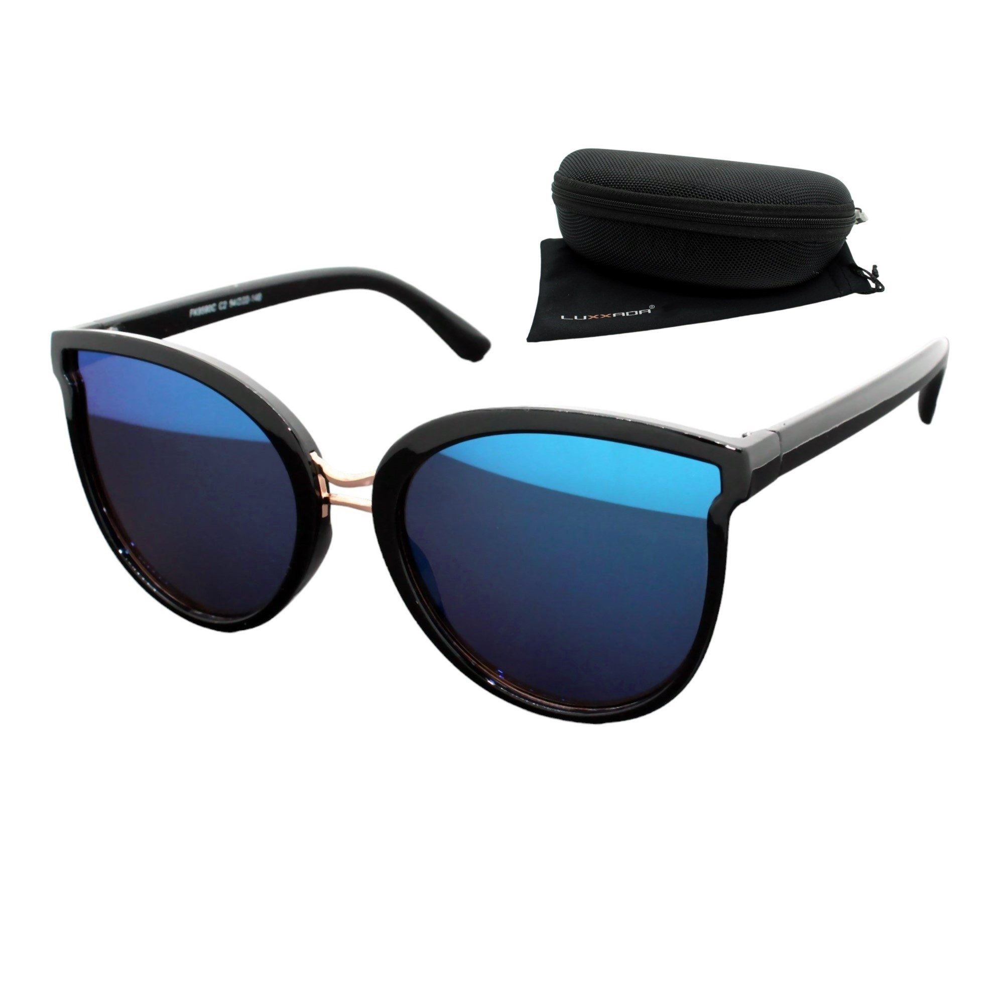 LUXXADA Sonnenbrille Damen Cat Eye Große Gläser Verspiegelt Eleganter Stil Oversize Katzenaugen Linsen UV400, Gestell Schwarz Hochglanz