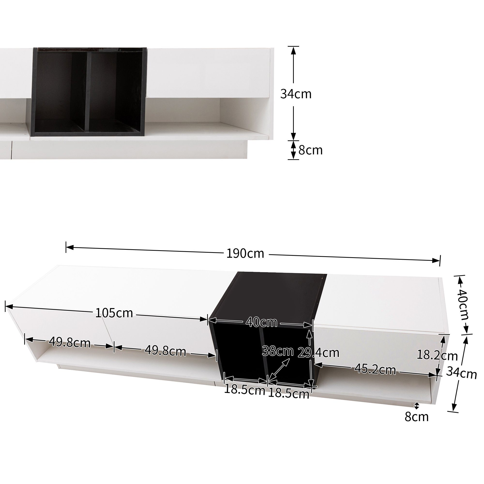 TV-Lowboards Kombination 190cm Breite SPLOE Lowboard HAUSS und Hochglanz-Weiß Fernsehschrank Schrank TV (TV-Schrank), Schwarz, TV-Tisch in