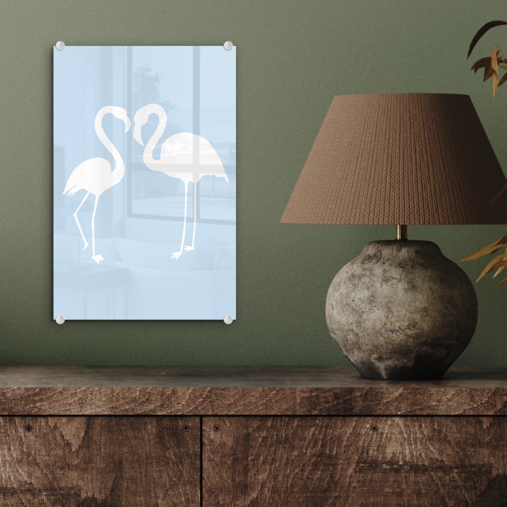 Glas auf Foto Weiß MuchoWow Glas - Flamingo Wanddekoration auf St), Bilder - - - Wandbild bunt Scherenschnitt, Glasbilder (1 - Acrylglasbild