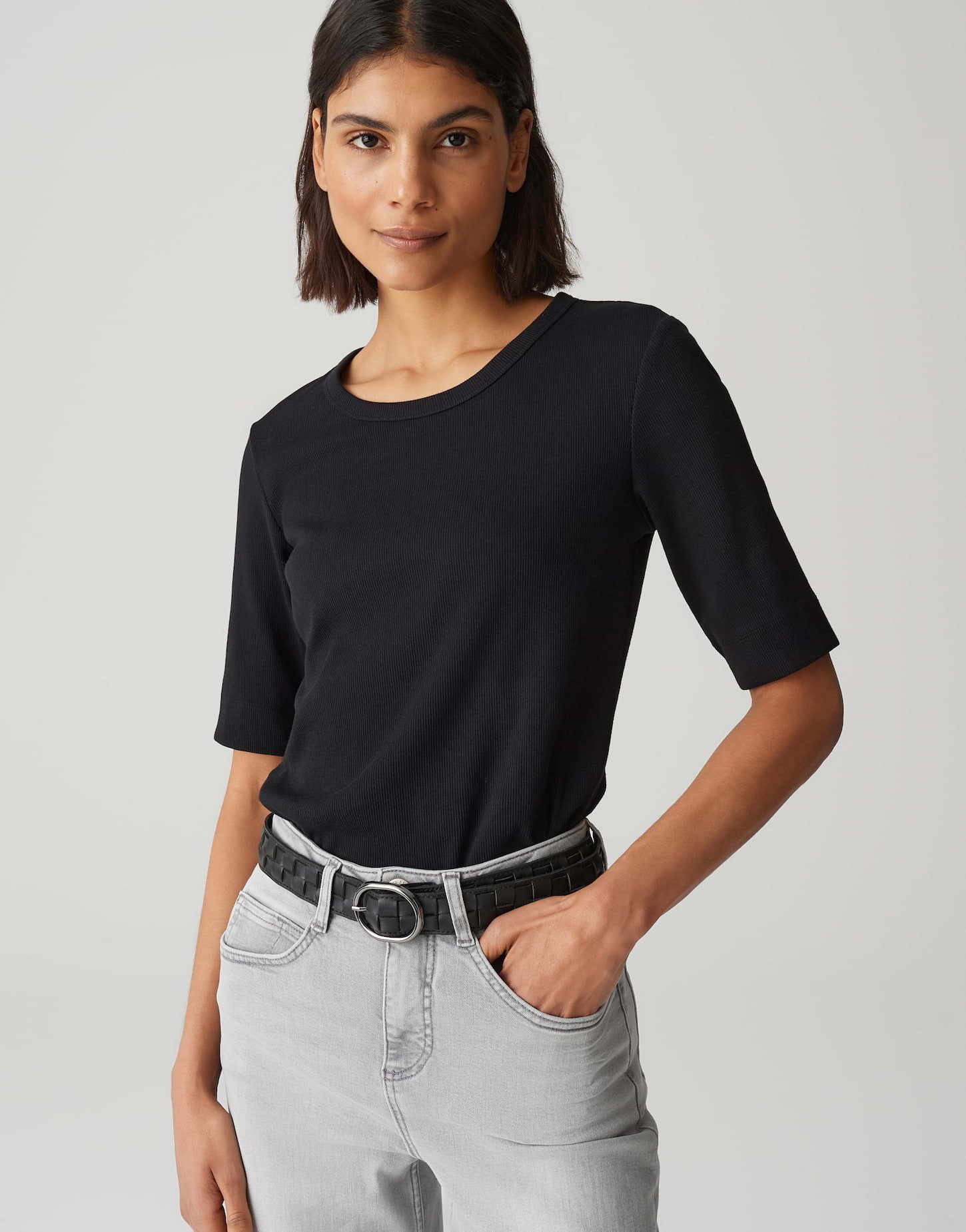 Kurzarmshirt Feines Rippshirt SUSTAFA Slim aus BCI Cotton Mix