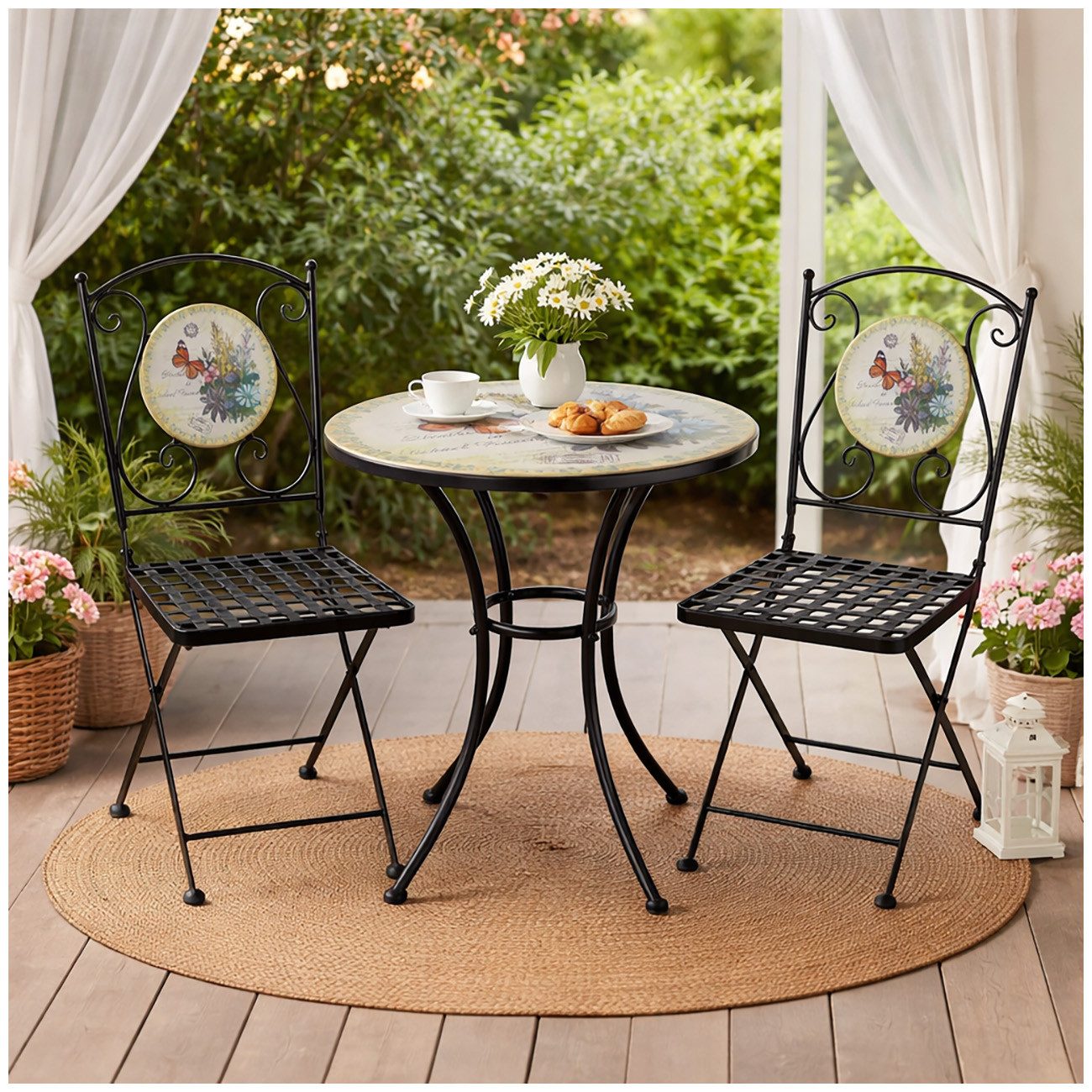 HTI-Living Garten-Essgruppe Tisch und 2 Stühle Celia Schmetterling, (Set, 3-tlg., 1 Tisch 2 Stühle), Sitzgruppe Essgruppe Balkonset