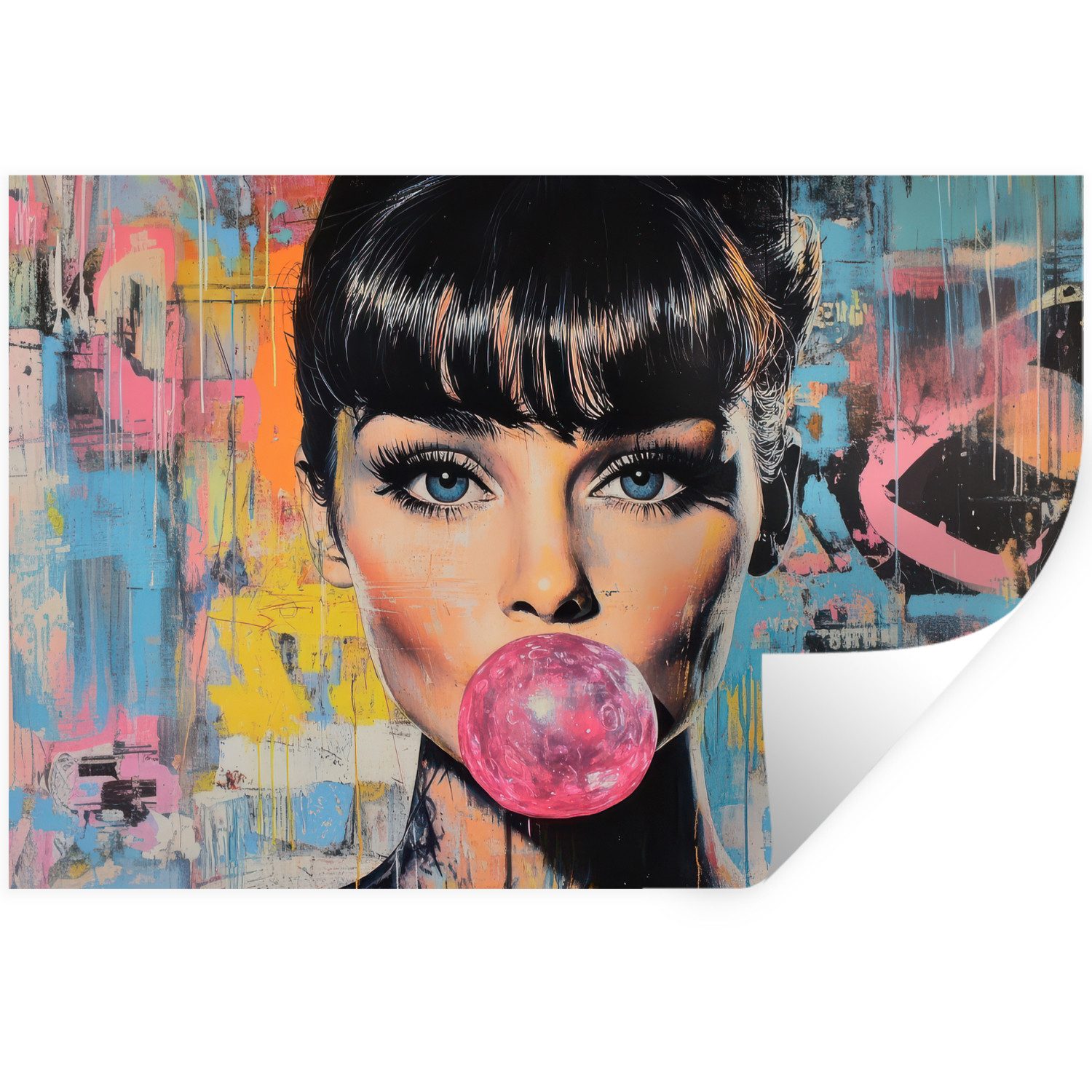 MuchoWow Wandsticker Kaugummi - Frau - Pinselstriche - Modern (1 St), Wandtattoo, Selbstklebend, Wohnzimmer, 60x40 cm