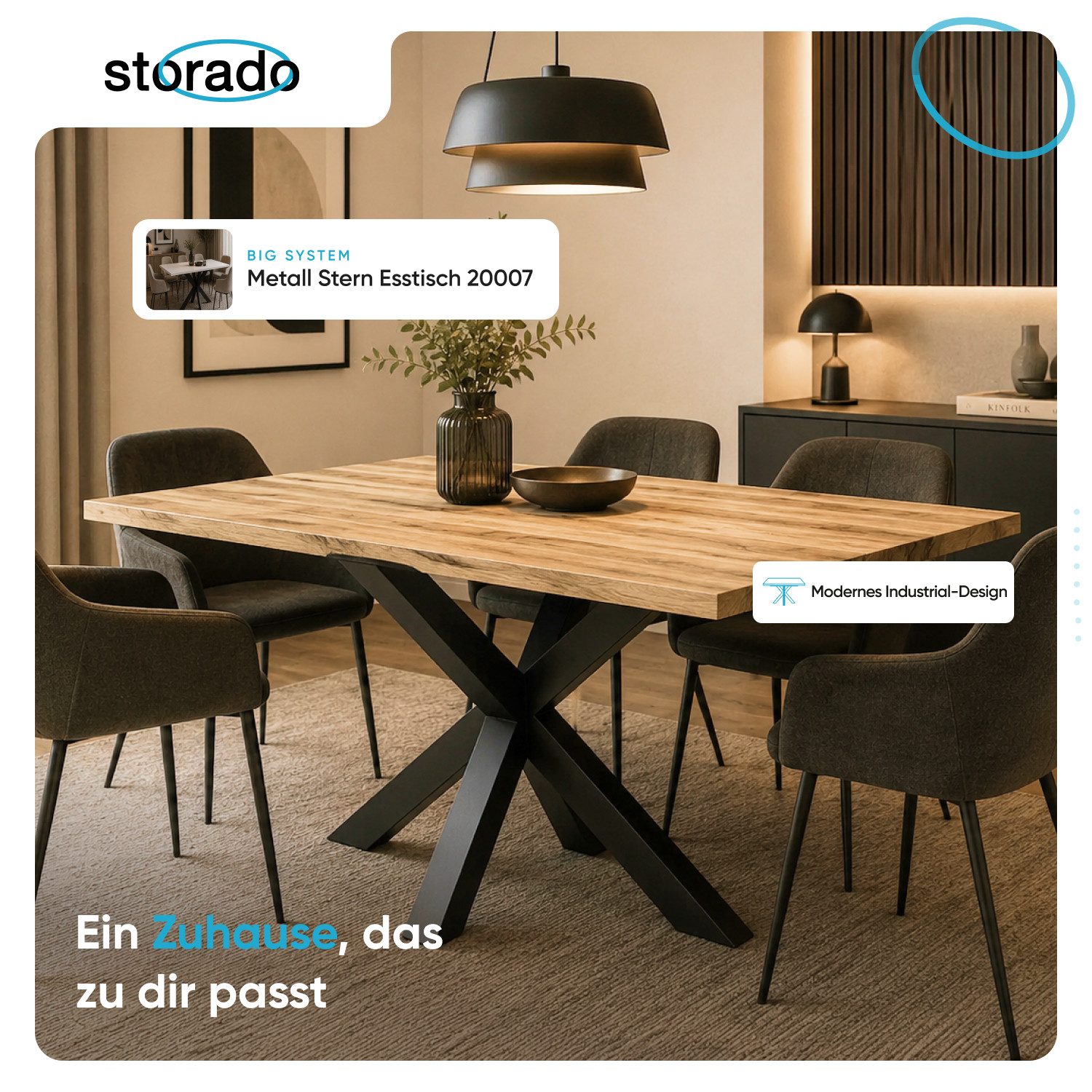 Storado Esstisch Big System Metall Stern 140–210×90cm, Esszimmertisch, Stabiler Sternfuß für viel Beinfreiheit und sicheren Stand