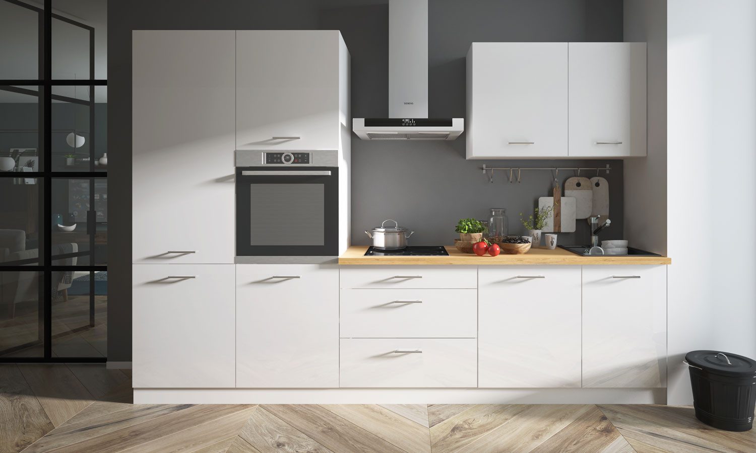 Feldmann-Wohnen Küchenzeile Küchenzeile ESSEN TREND 310 weiß / weiß Hochglanz #dv16, (Schubladen mit Teilauszug und Soft-Close-Funktion), 310x60x207cm weiß / weiß hochglanz - eiche lancelot, 8-teilig