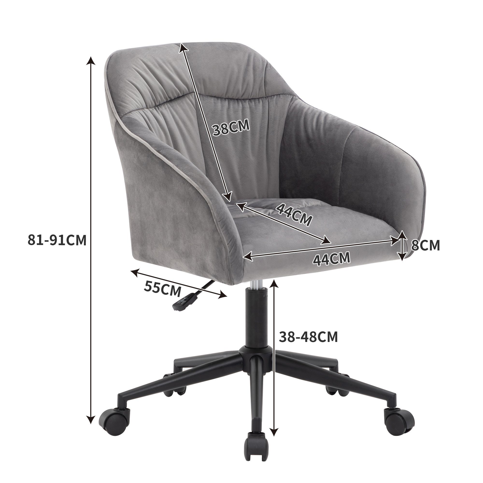 Flieks Bürostuhl (1 | schwarz mit Armlehnen höhenverstellbar Grau Drehstuhl Samt St), Schreibtischstuhl