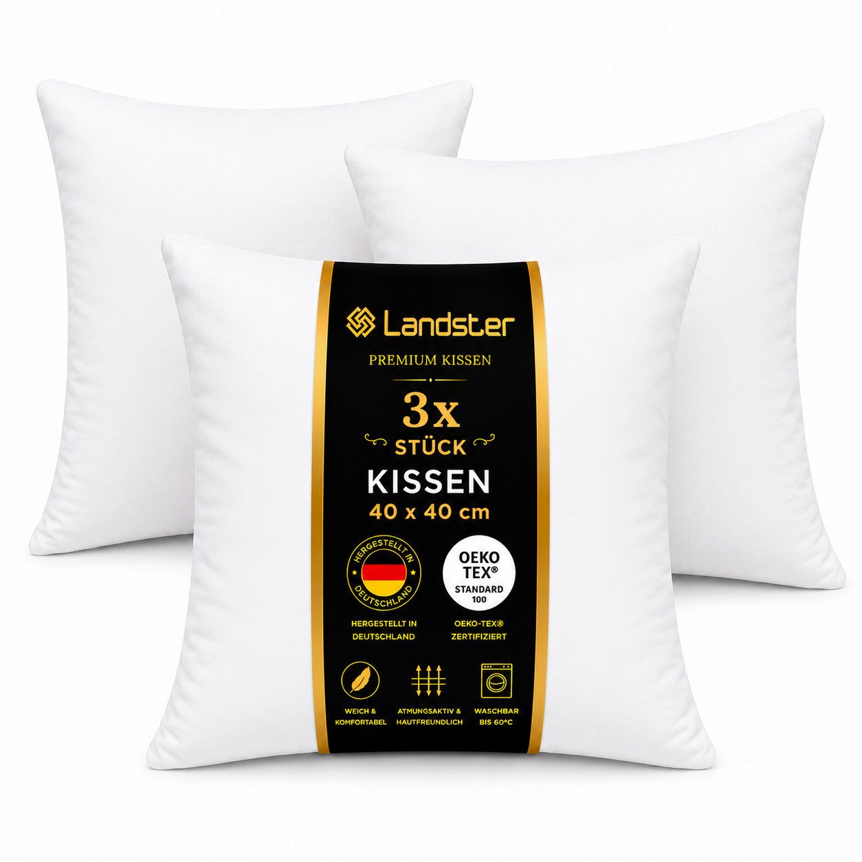Landster Baumwollkissen Kopfkissen Hotelkissen Schlafkissen Hotelqualität, Füllung: 100% Polyester, Bauchschläfer, Rückenschläfer, Seitenschläfer, Reißverschluss für Füllung-waschbar, Hergestellt in Deutschland