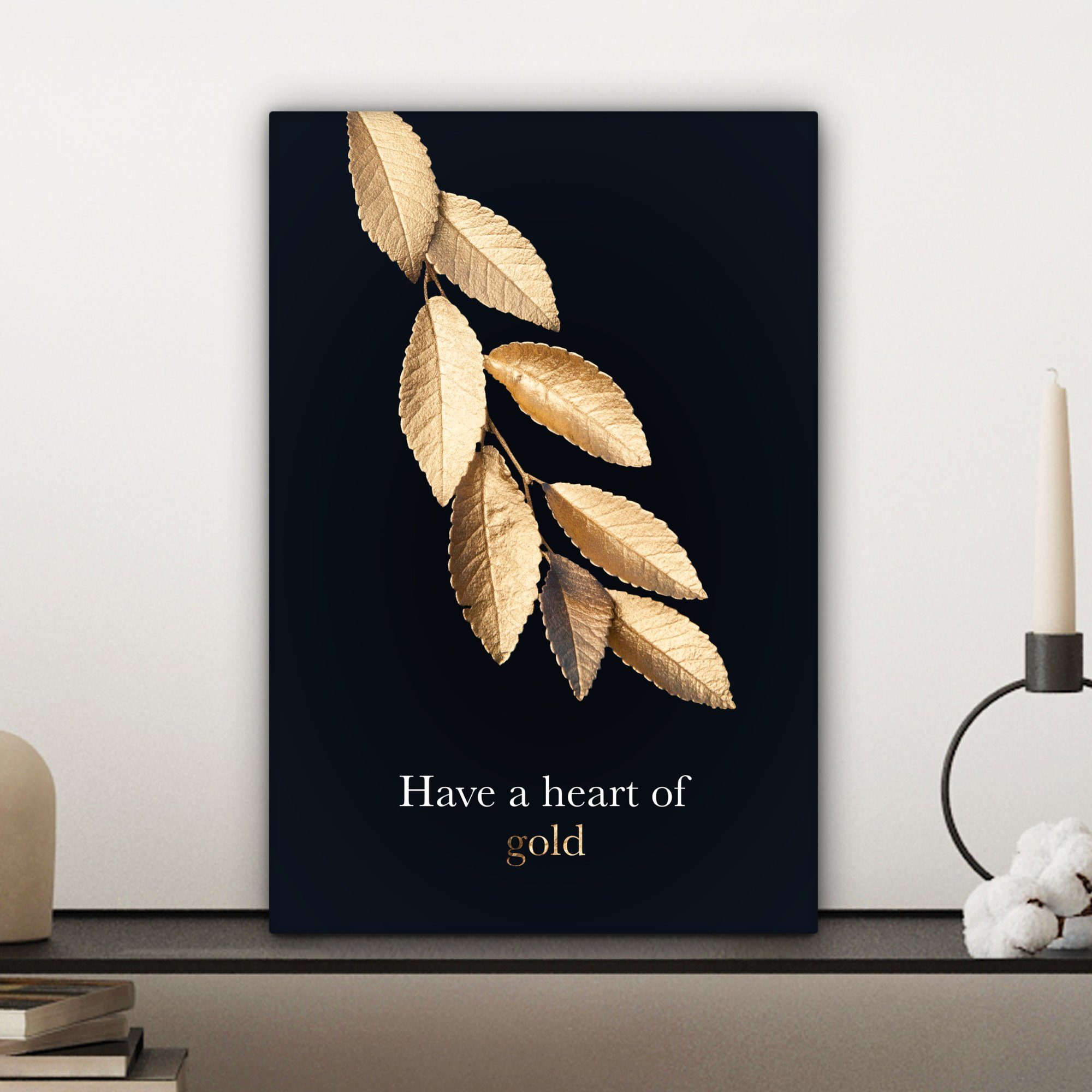 OneMillionCanvasses® Leinwandbild Zitat - Gold Leinwandbild 20x30 St), Zackenaufhänger, - Blätter, fertig inkl. cm (1 bespannt Gemälde