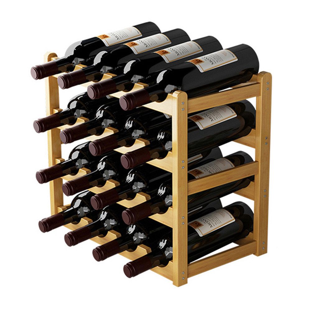 BlingBin Weinregal Holz Flaschenständer 4 Ebenen Weinregal Getränkekistenregal, 1er Set 1-tlg., 16 Flaschen Weinhalter für Küche oder Vorratsraum, Natur