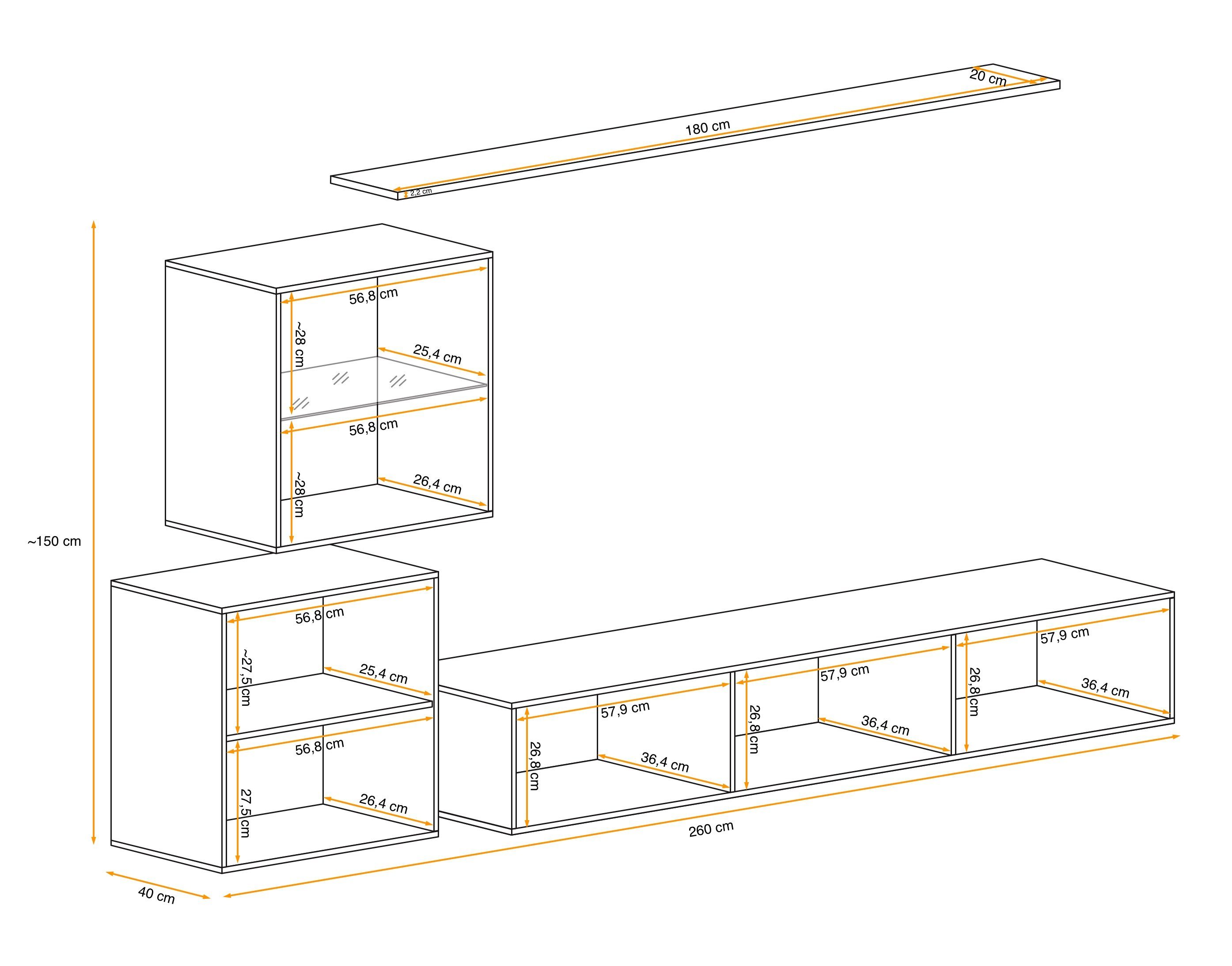 Stylefy Wohnwand Swotch Wohnzimmer-Set), Wotan XV (4 bestehend L, hängend 1×Lowboard, aus 2×Wandschrank, Eiche (Set - 1×Wandboard, St), Weiß