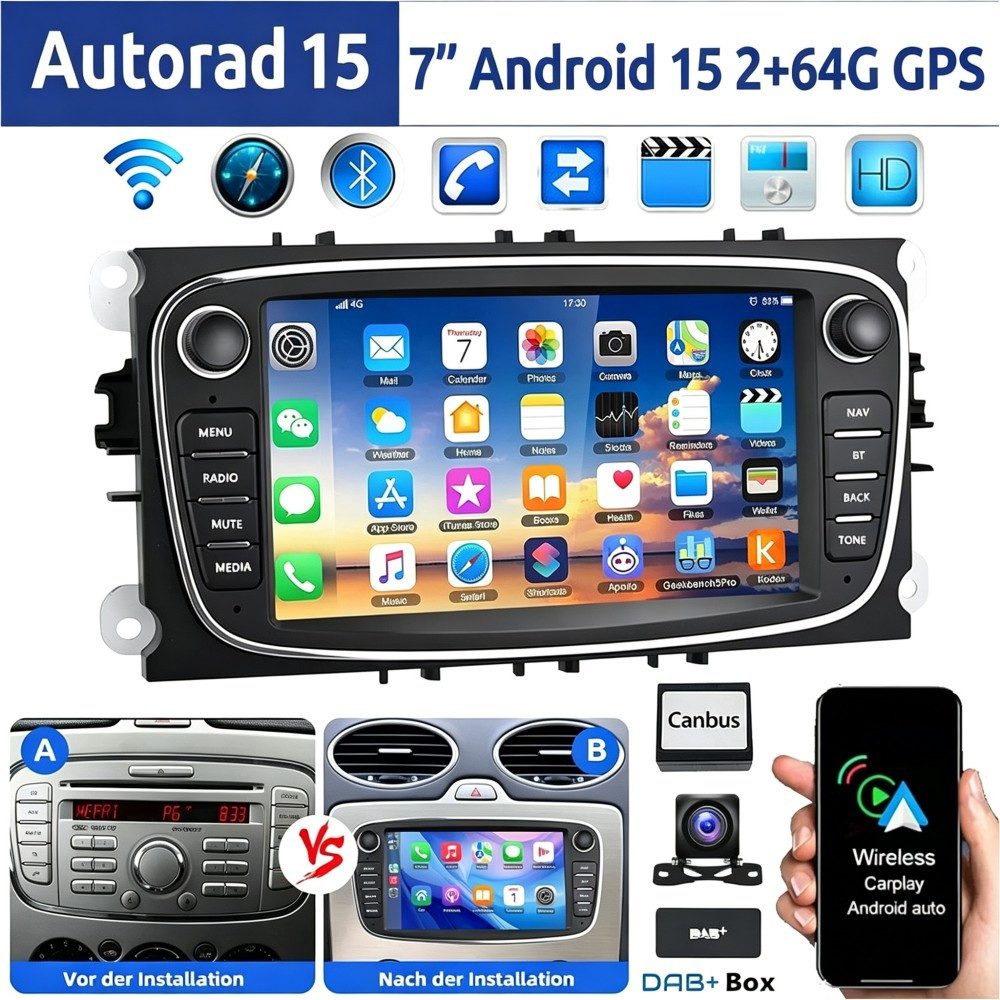 ESSGOO 7" Android 15 Für Ford Focus Mk2 Mondeo C/S-MAX Galaxy Kuga GPS Navi Autoradio (RDS, 4+64GB(optional), FM, DAB+ (optional), Wireless Carplay Android Auto Bluetooth EQ USB WIFI Touchscreen SWC)