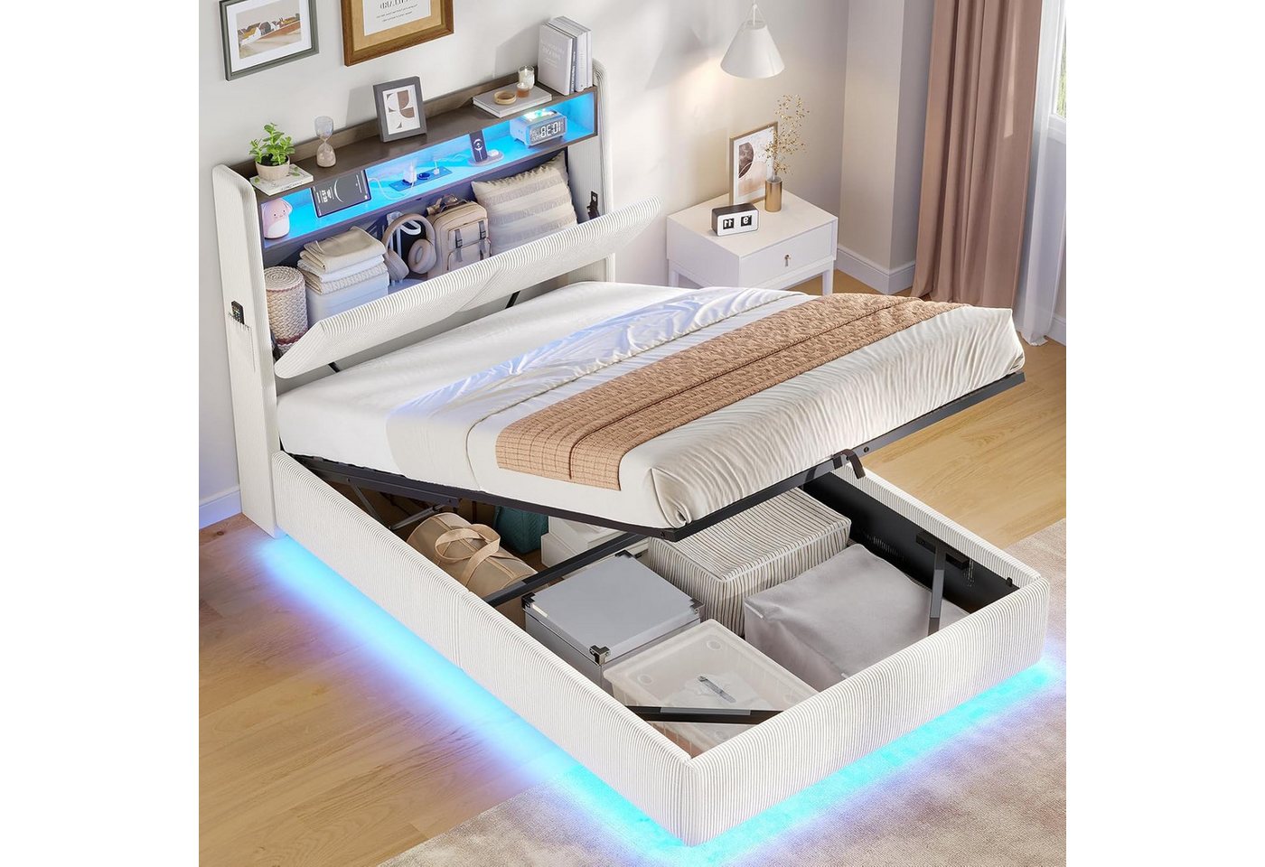 MSMASK Polsterbett mit LED-Beleuchtung und integrierter Ladestation, Stauraum-Kopfteil (Ohne Matratze), Jugendbett mit hydraulischem …