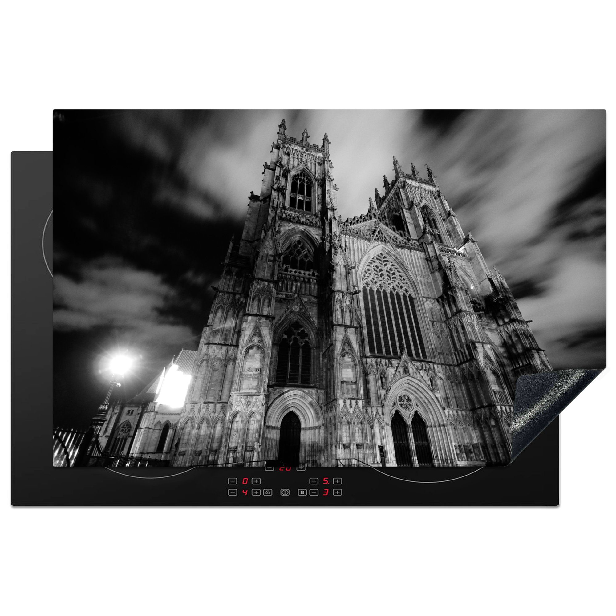 MuchoWow Herdblende-/Abdeckplatte Schwarz-Weiß-Bild der Kathedrale von York Minster, Vinyl, (1 tlg), 81x52 cm, Induktionskochfeld Schutz für die küche, Ceranfeldabdeckung | Herdabdeckplatten
