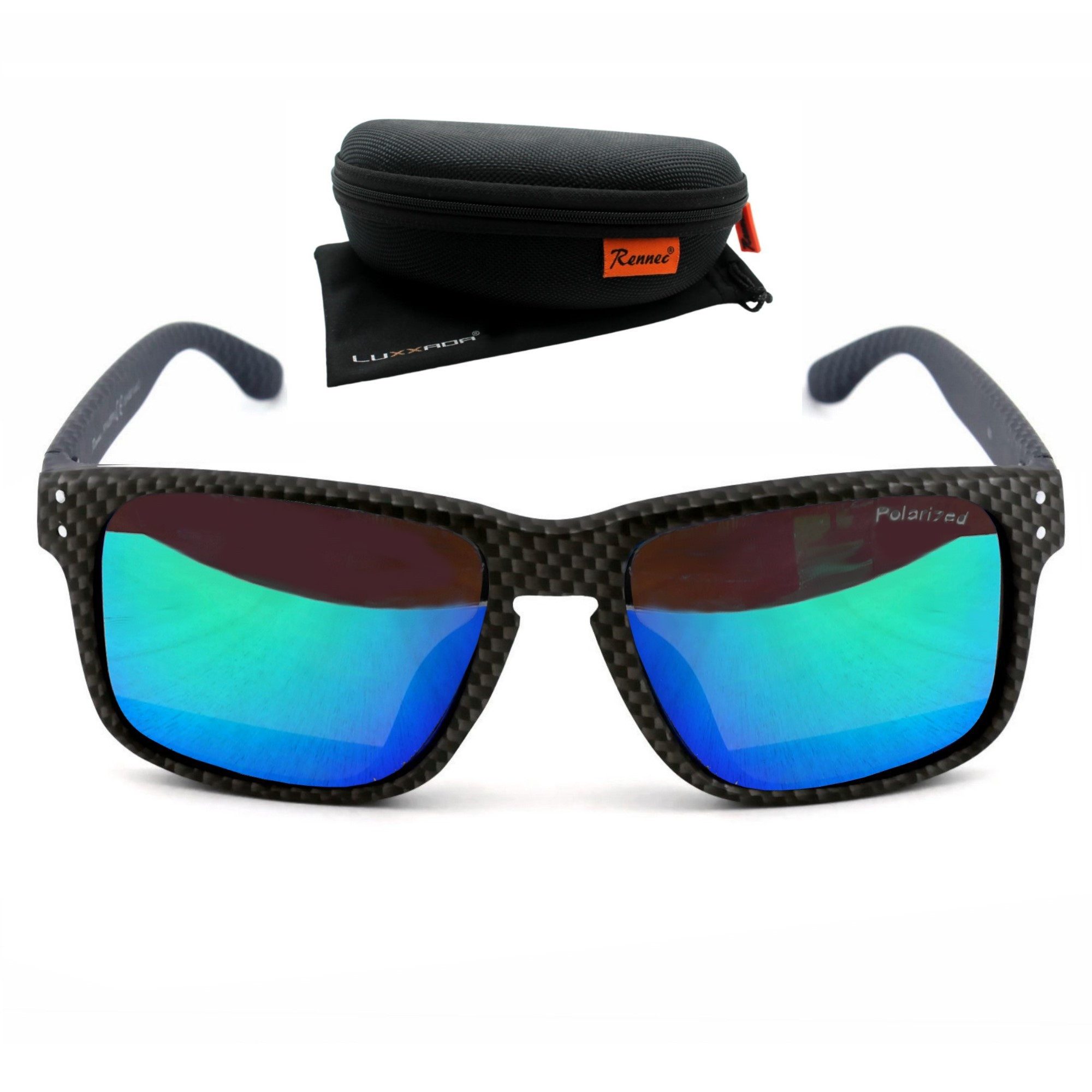 Rennec Sonnenbrille Herren Polarisiert Rechteckig Carbon Optik mit Hardcase Gläser UV400 Getönt oder Verspiegelt, Edelstahl Bügelgelenke 3in2