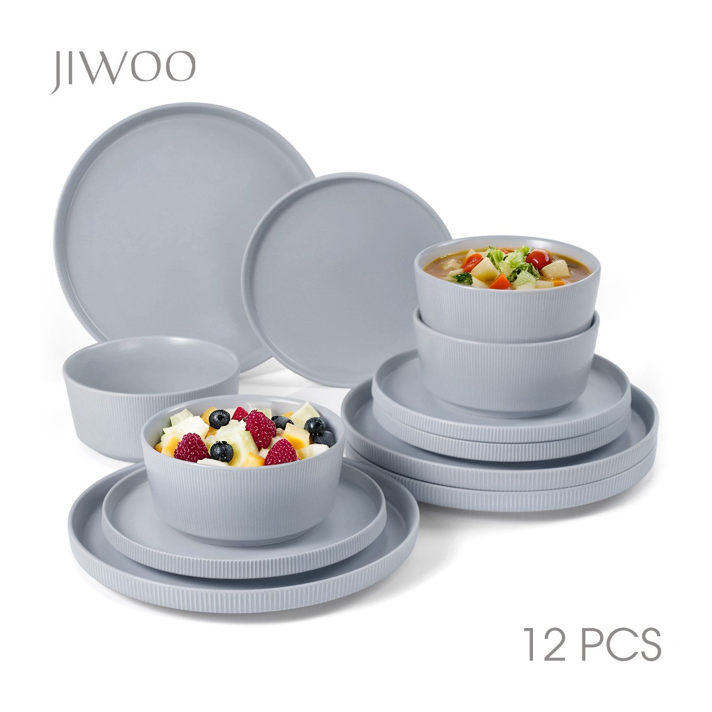 JIWOO Geschirr-Set 12tlg Комбинированное обслуживание,Tafelservice,Teller-Sets,Geschirr-Frühstückssets (12-tlg), 4 Personen, Keramik, Keramik-Geschirrset,Mikrowellen-und spülmaschinenfest,Matt