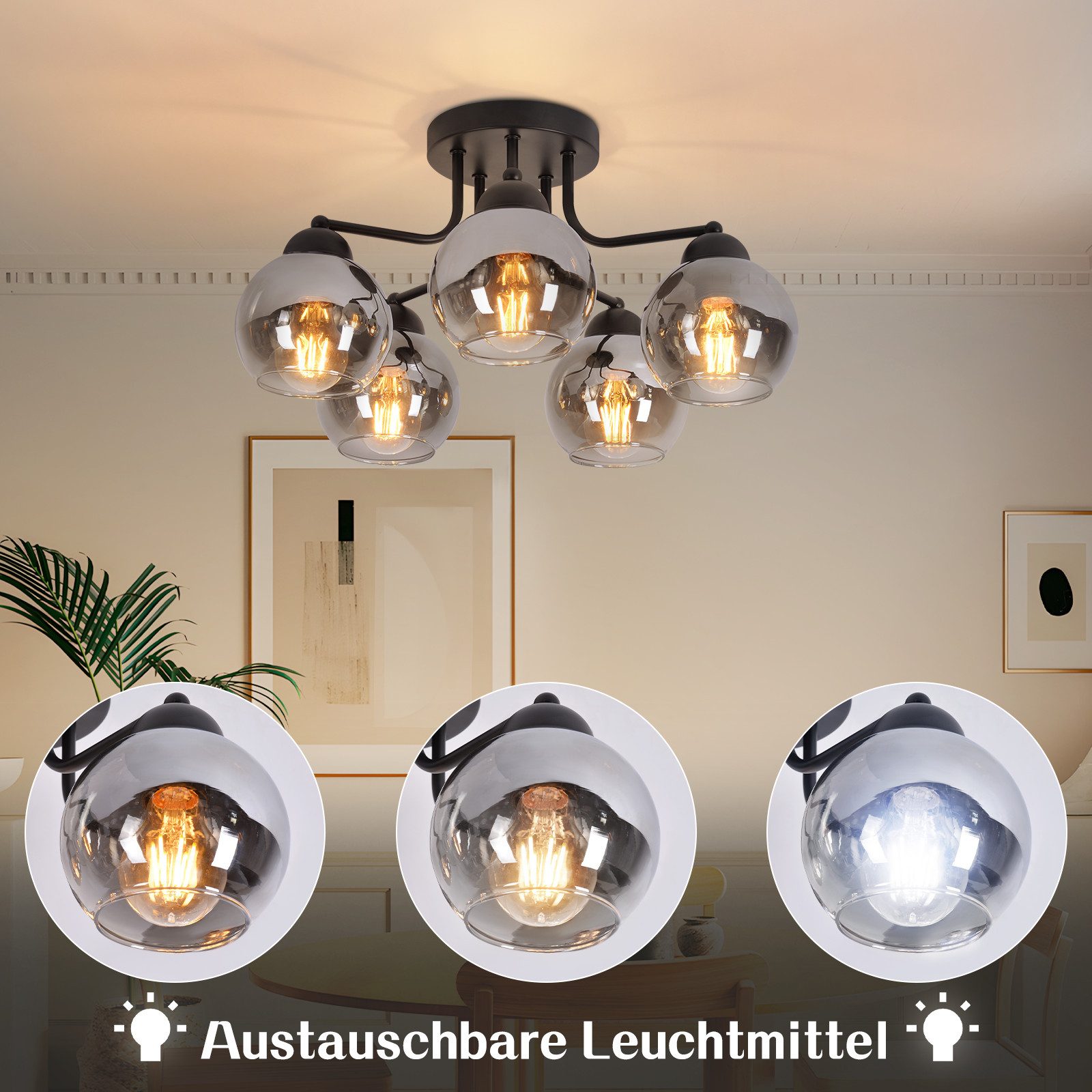 ZMH Deckenleuchte 3/5 flammig E27 Glas Vintage Kugel Flurlampe, ohne Leuchtmittel, schwarz Industrial rund Deckenlampe – Bild 4 von 5