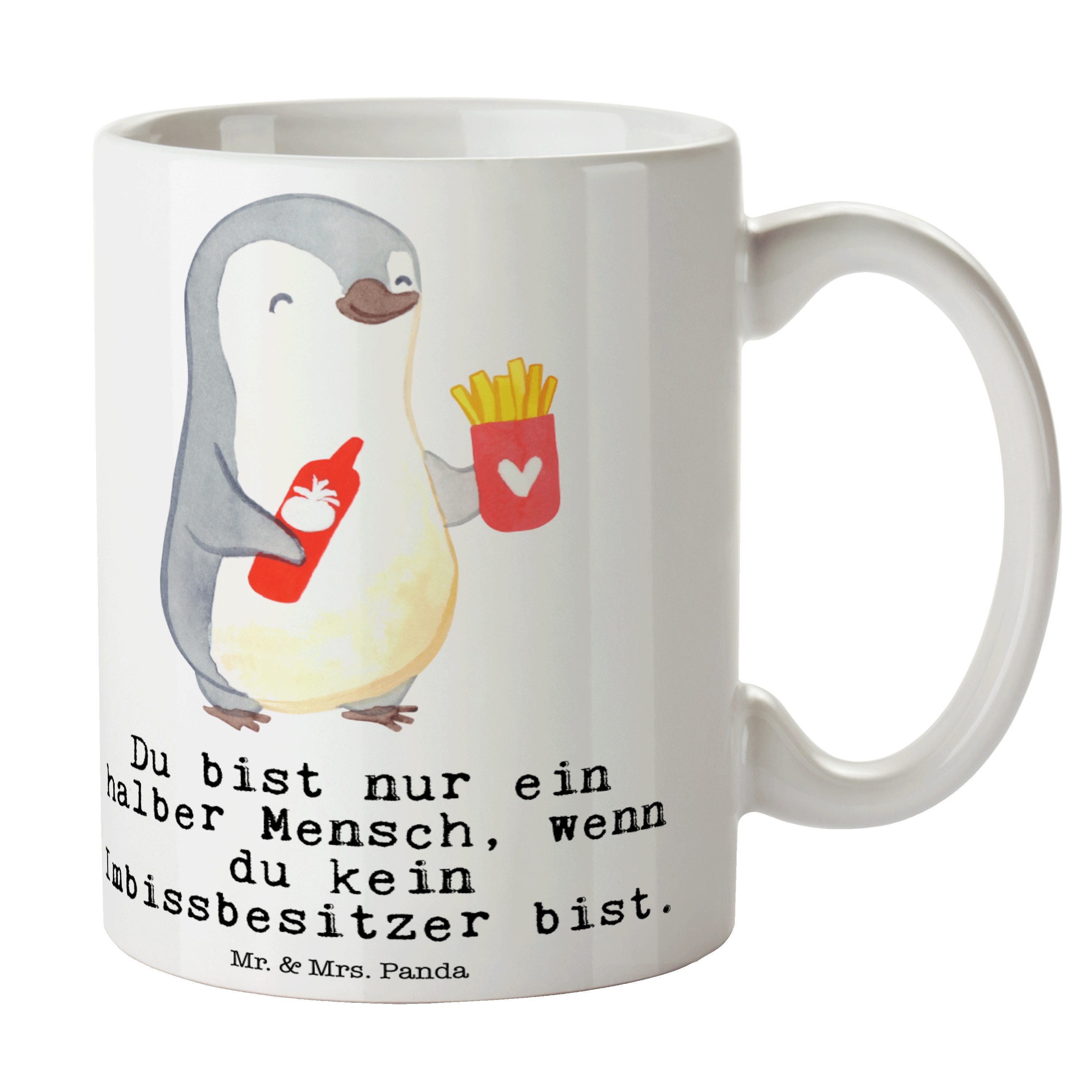 Mr. & Mrs. Panda Tasse Imbissbesitzer mit Herz - Weiß - Geschenk, Teebecher, Pommes mit Ketc, Keramik