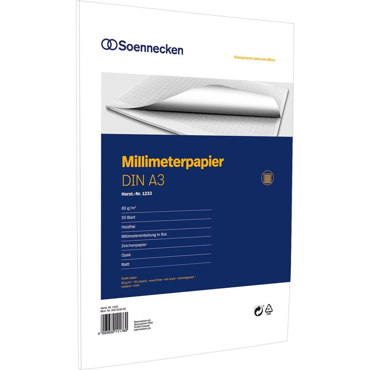 Soennecken Миллиметровая бумага Soennecken Millimeterblock 1233 DIN A3 Книгиpapier 50Blatt rot